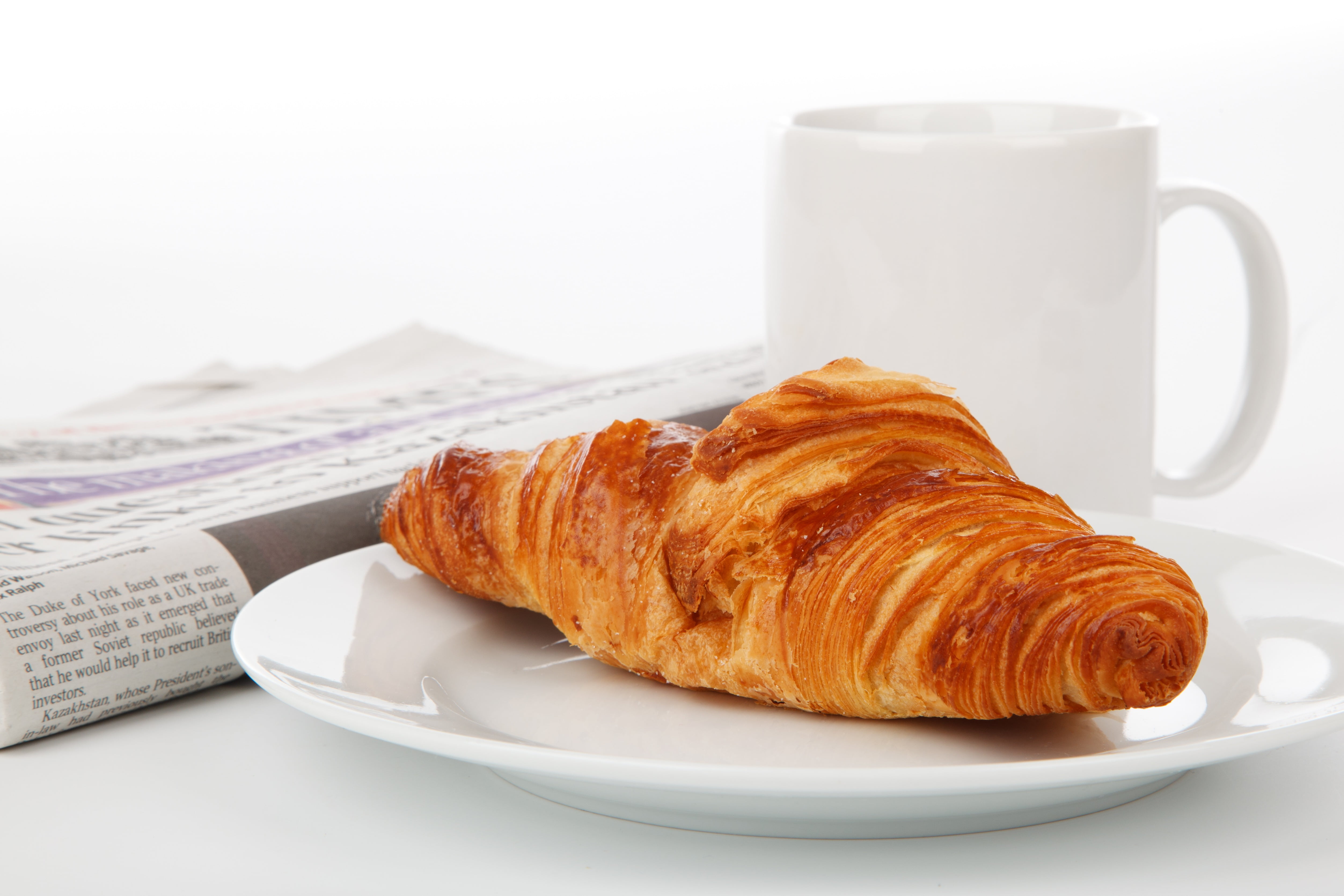 drink, break, cup, espresso, coffee cup, mug, croissant, gourmet, baked pastry item, french food, cafe, newspaper, indoors, tea, plate, paper, ceramic, HD Wallpaper