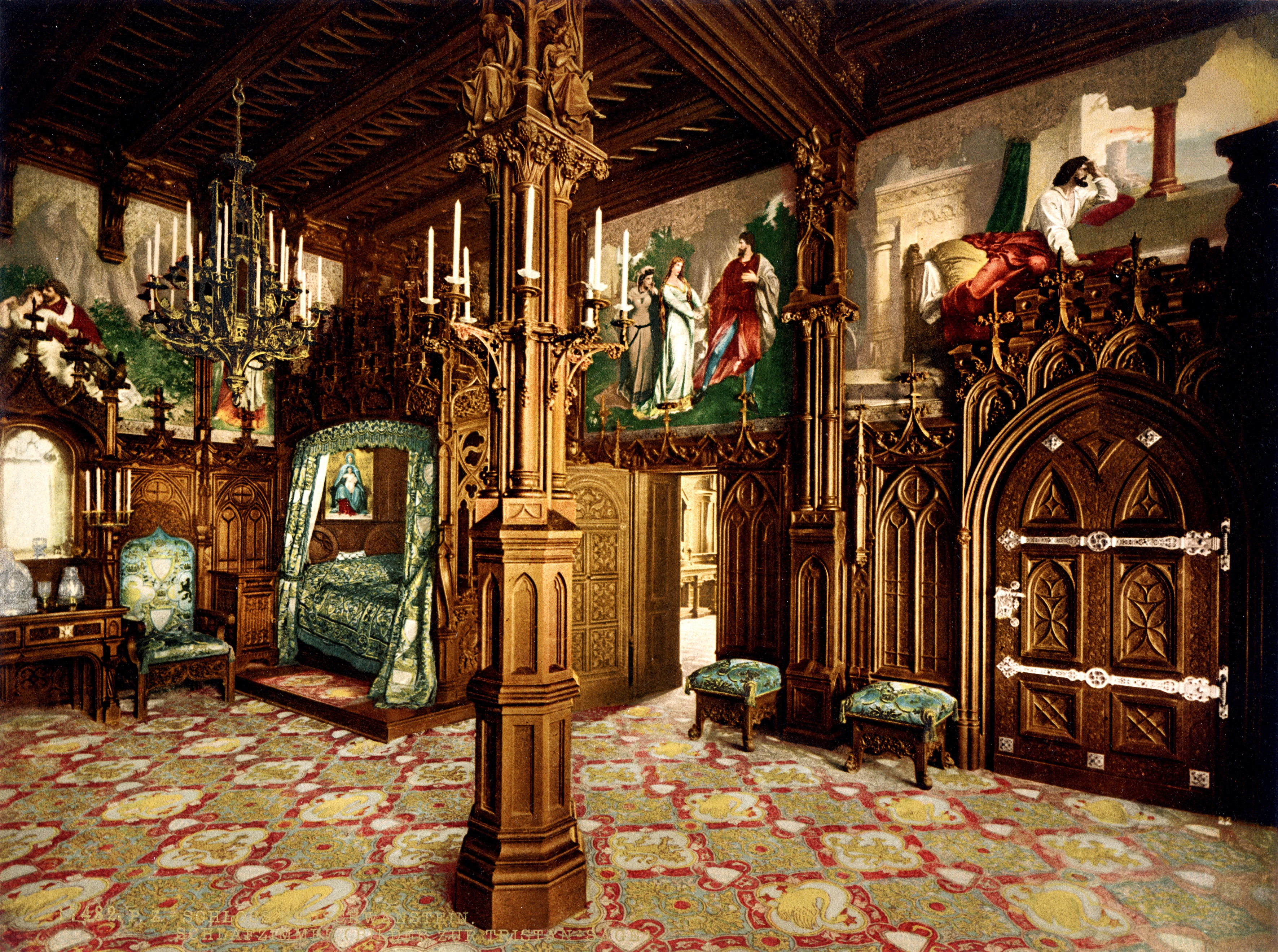 belief, bavaria, chateau, fresco, bedroom, the past, ceiling, baroque, hohenschwangau, 2K, brown, ludwig ii, mansion, architectural column, house, built structure, HD Wallpaper