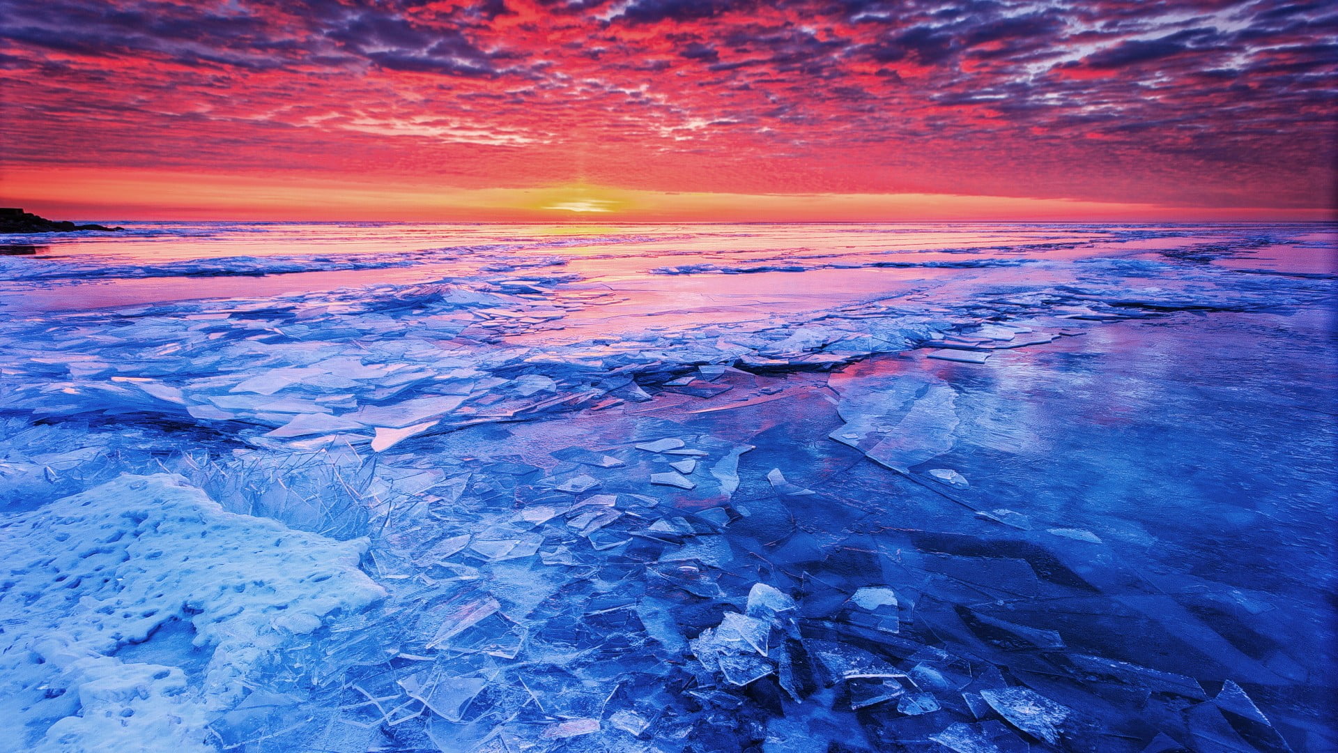 no people, water, 1080P, power in nature, purple, sea, backgrounds, sunset, winter, idyllic, nature, body, landscape, tranquility, sky, beauty in nature, HD Wallpaper