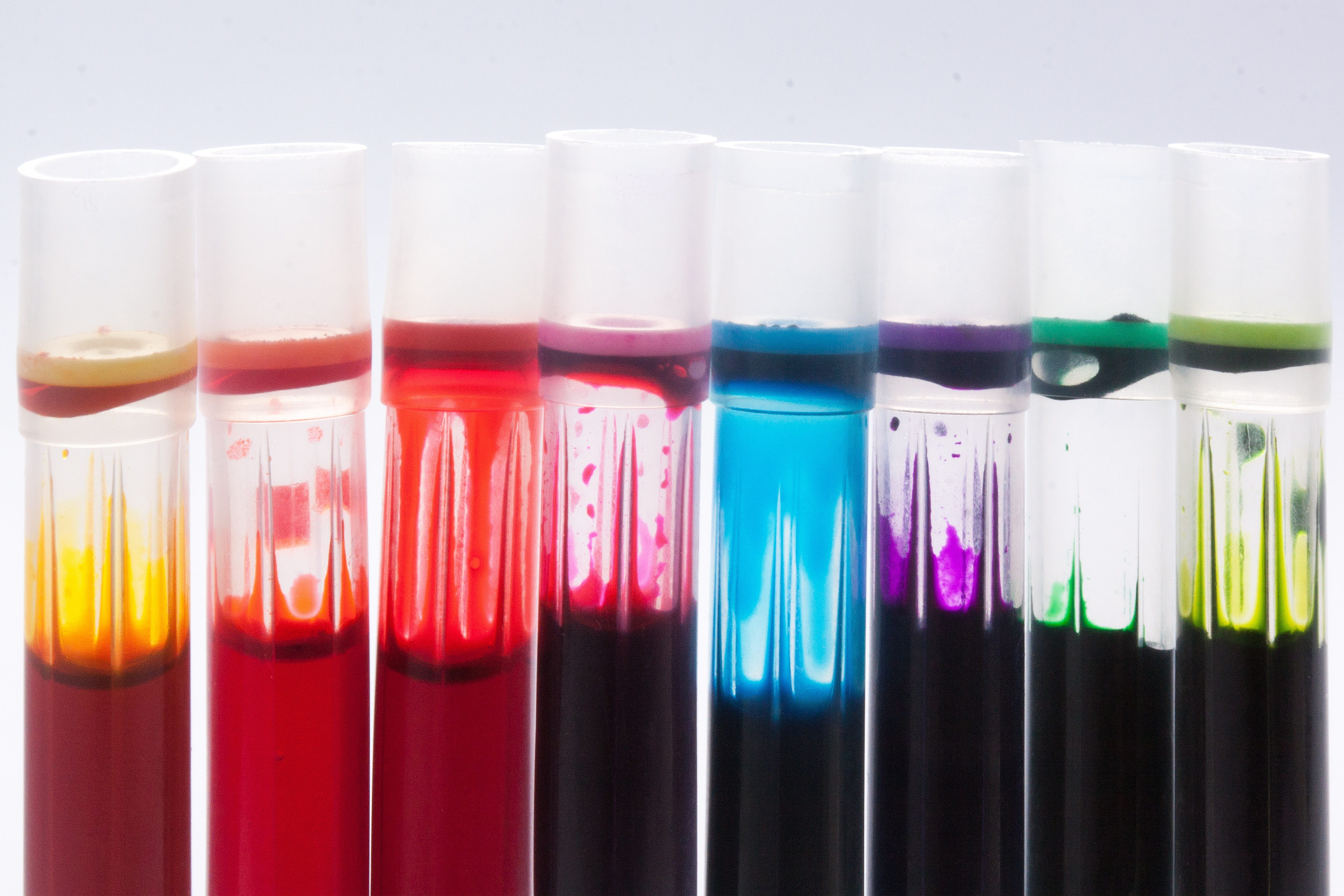 group of objects, bottles, macro, tube, background, plastic, close-up, indoors, research, no people, test tube rack, tusche indian ink, multi colored, art and craft equipment, HD Wallpaper