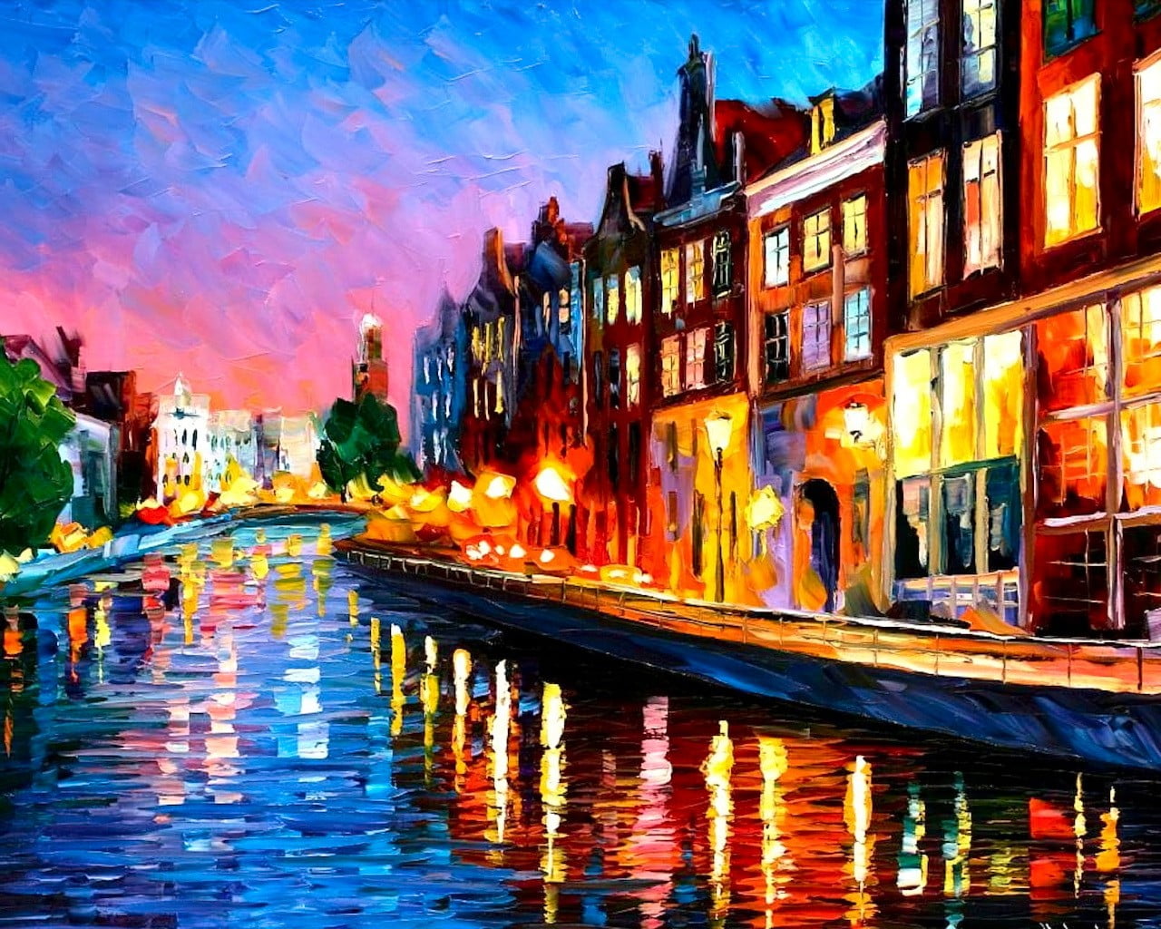 dusk, travel Destinations, color Image, sky, oil Painting, no people, 720P, cityscape, waterfront, house, multi, outdoors, blue, river, travel, painting, HD Wallpaper