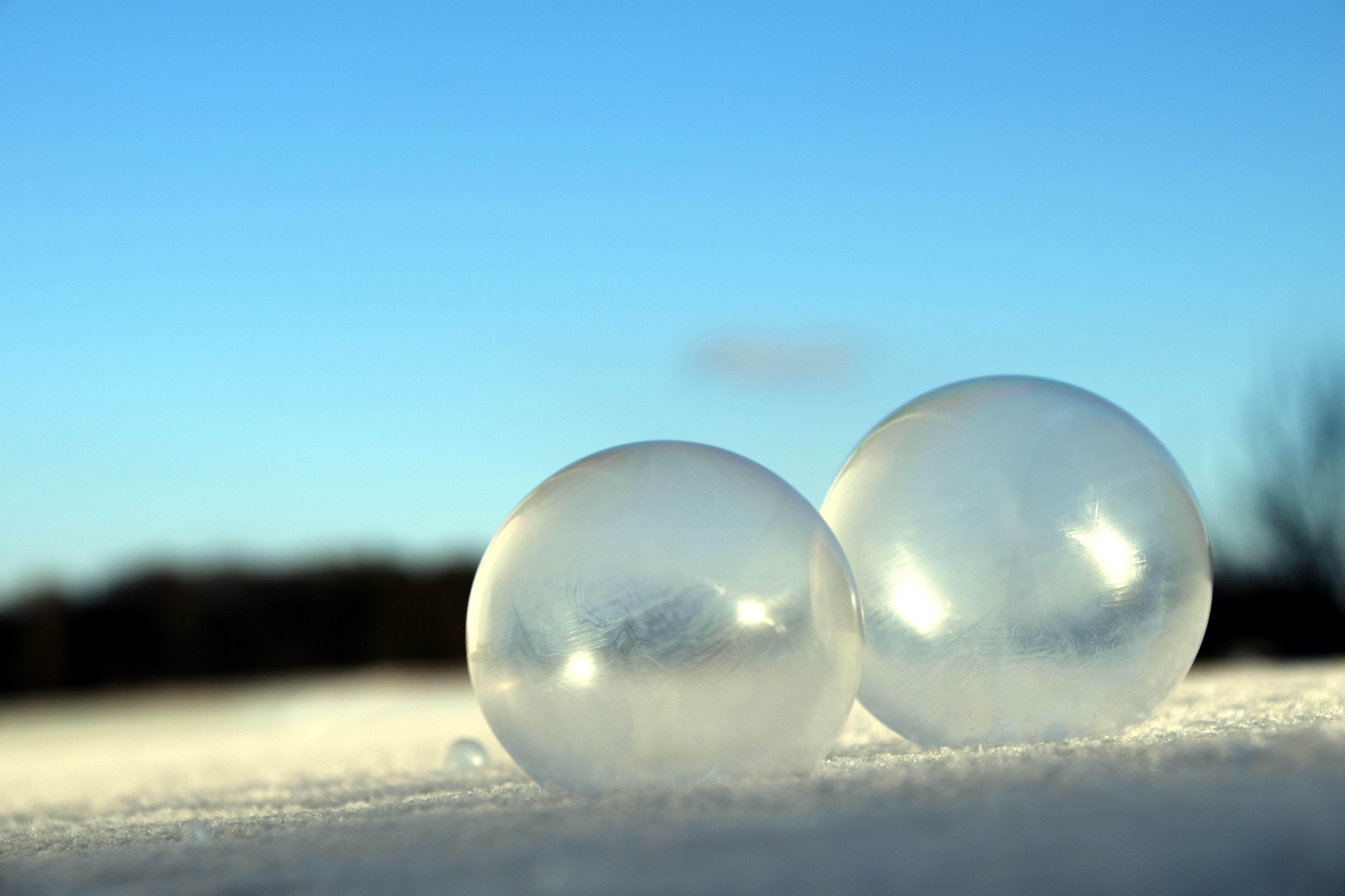 frost, together, frozen bubble, reflection, crystal ball, copy space, pattern, winter magic, selective focus, frosted soap bubble, snow, blue, outdoors, HD Wallpaper