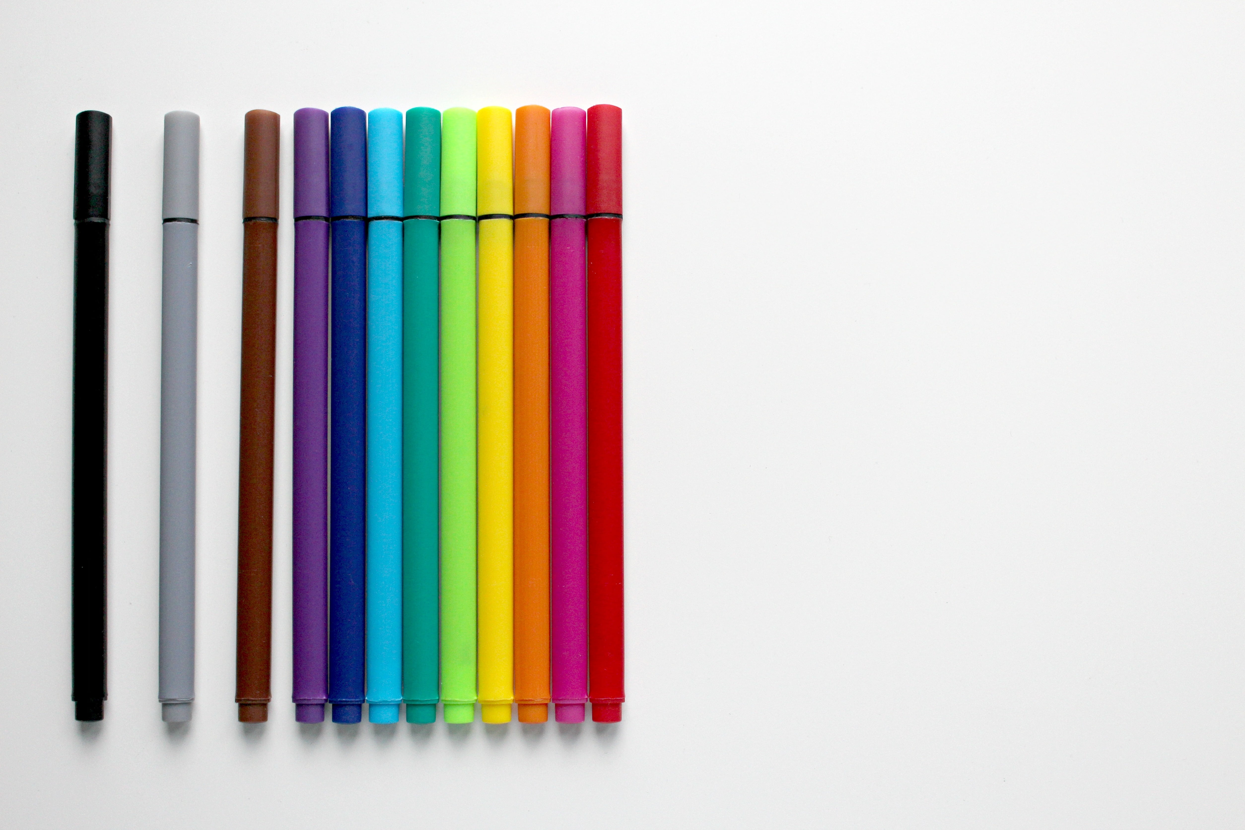 side by side, studio shot, several, pointed, different colored crayons, in a row, school, shiny, writing accessories, pens, copy space, creativity, vibrant color, HD Wallpaper
