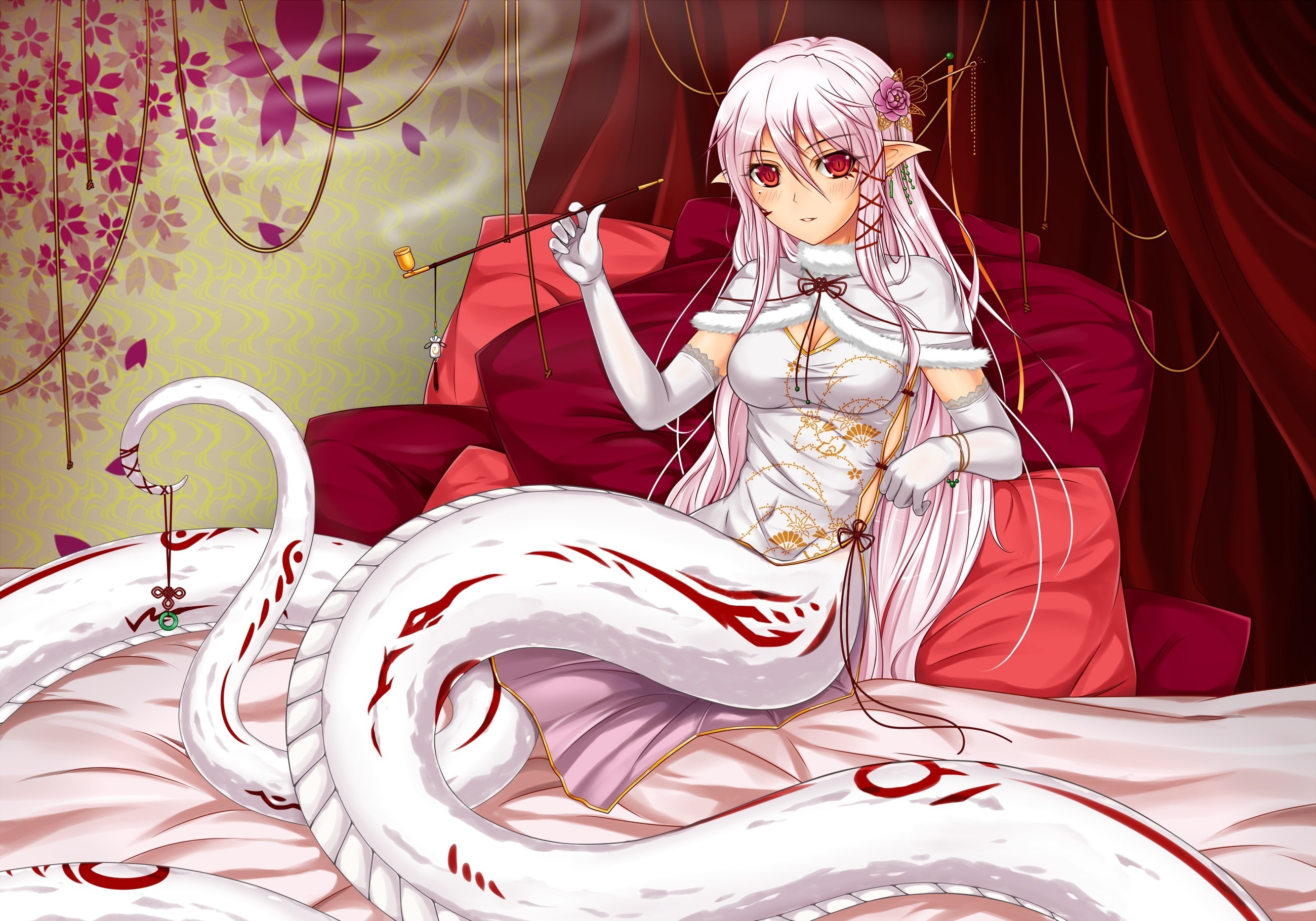 ears, eyes, whi, ornament, hair, 2K, dress, midnight, blush, camera, chinese, bed, female, solo, clothes, flower, cheongsam, gloves, snake, white, long, HD Wallpaper