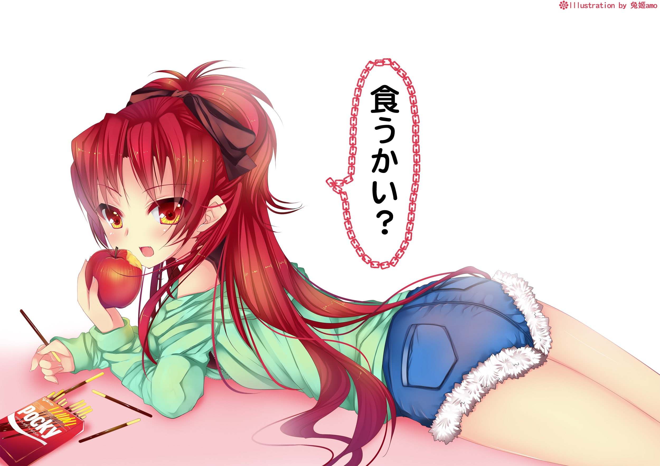 art, mahou, 1080P, red eyes, pocky, eyes, redheads, anime, hd, apples, madoka, magica, apple, sakura, shorts, red, shoujo, technology, girls, kyouko, whi, HD Wallpaper