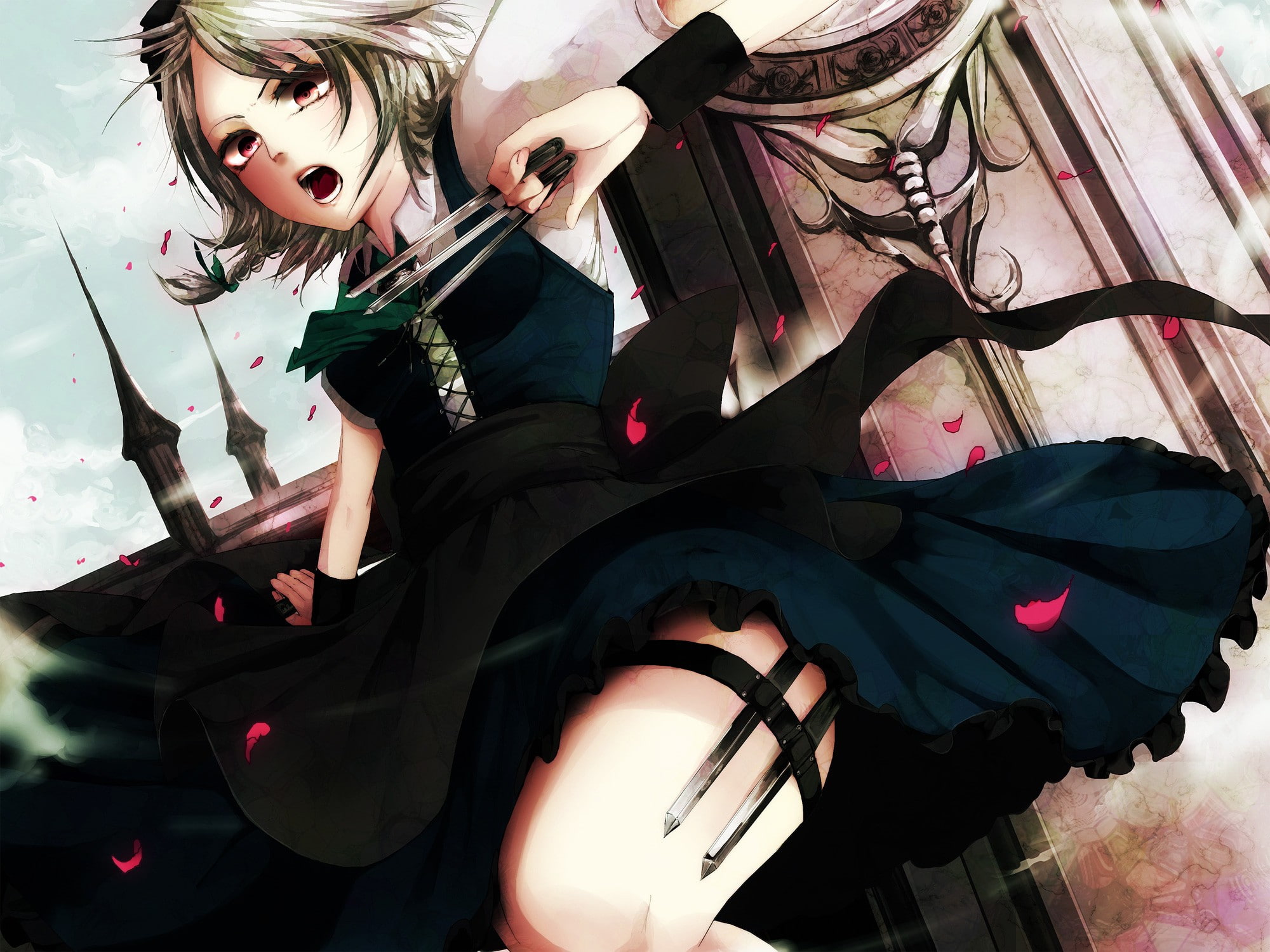 maids, Dress, red, sakuya, nature, mouth, short, 1080P, knives, black, hd, whi, hair, art, open, izayoi, apron, weapons, flowers, Touhou, eyes, HD Wallpaper