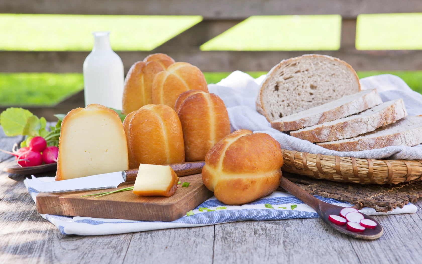 loaf of bread, summer, still life, napkin, food and drink, milk, snack, basket, knife, wood - Material, container, day, eating, cultures, healthy Eating, HD Wallpaper
