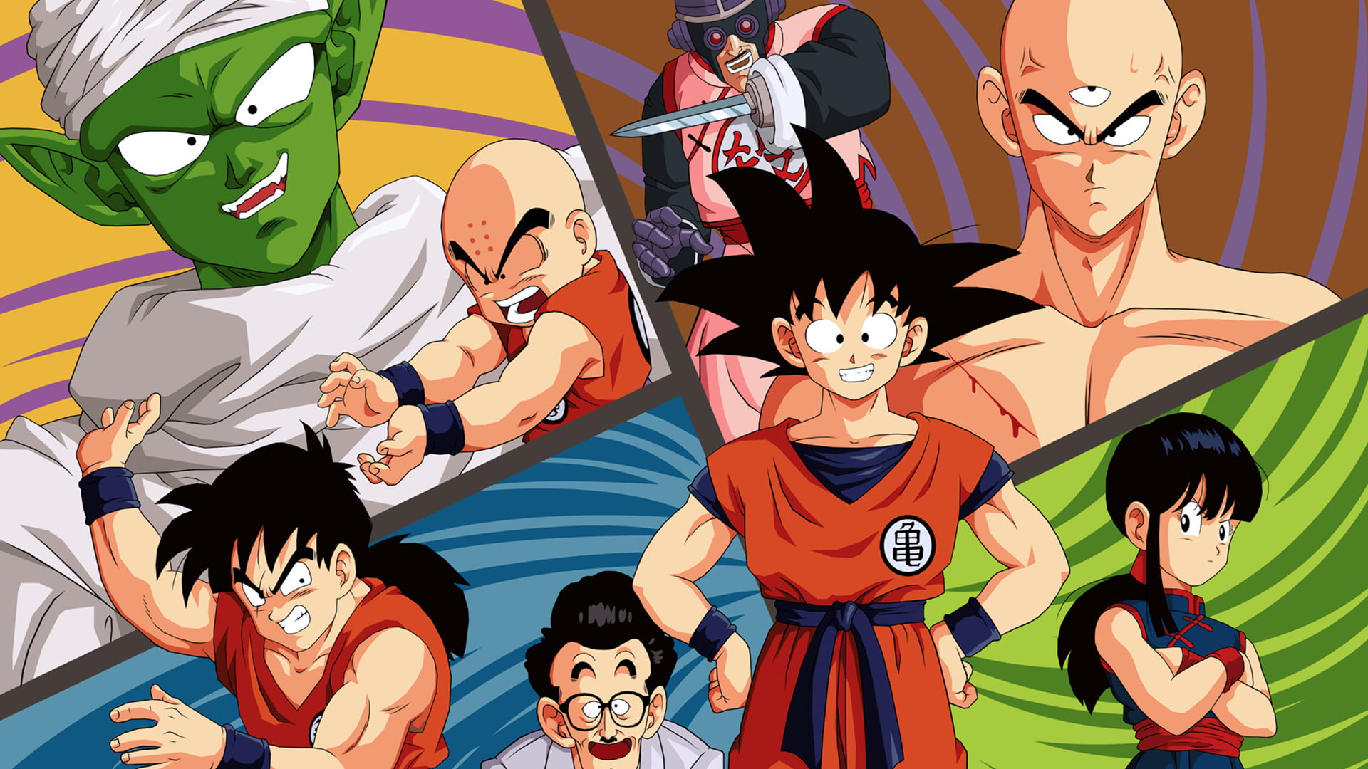 multi colored, Dragon Ball, male likeness, no people, Yamcha (Dragon Ball), Piccolo (Dragon Ball), Goku, representation, Mercenary Tao (Dragon Ball), sunlight, HD Wallpaper