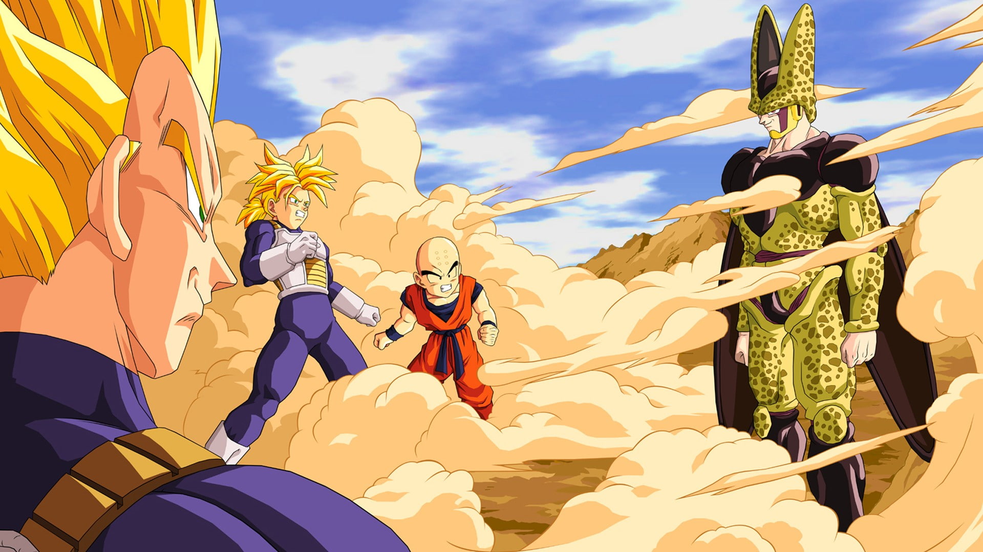 Dragon Ball, Super Saiyan, Perfect Cell, anime, Krillin, Vegeta, Trunks (character), 1080P, Cell (character), HD Wallpaper