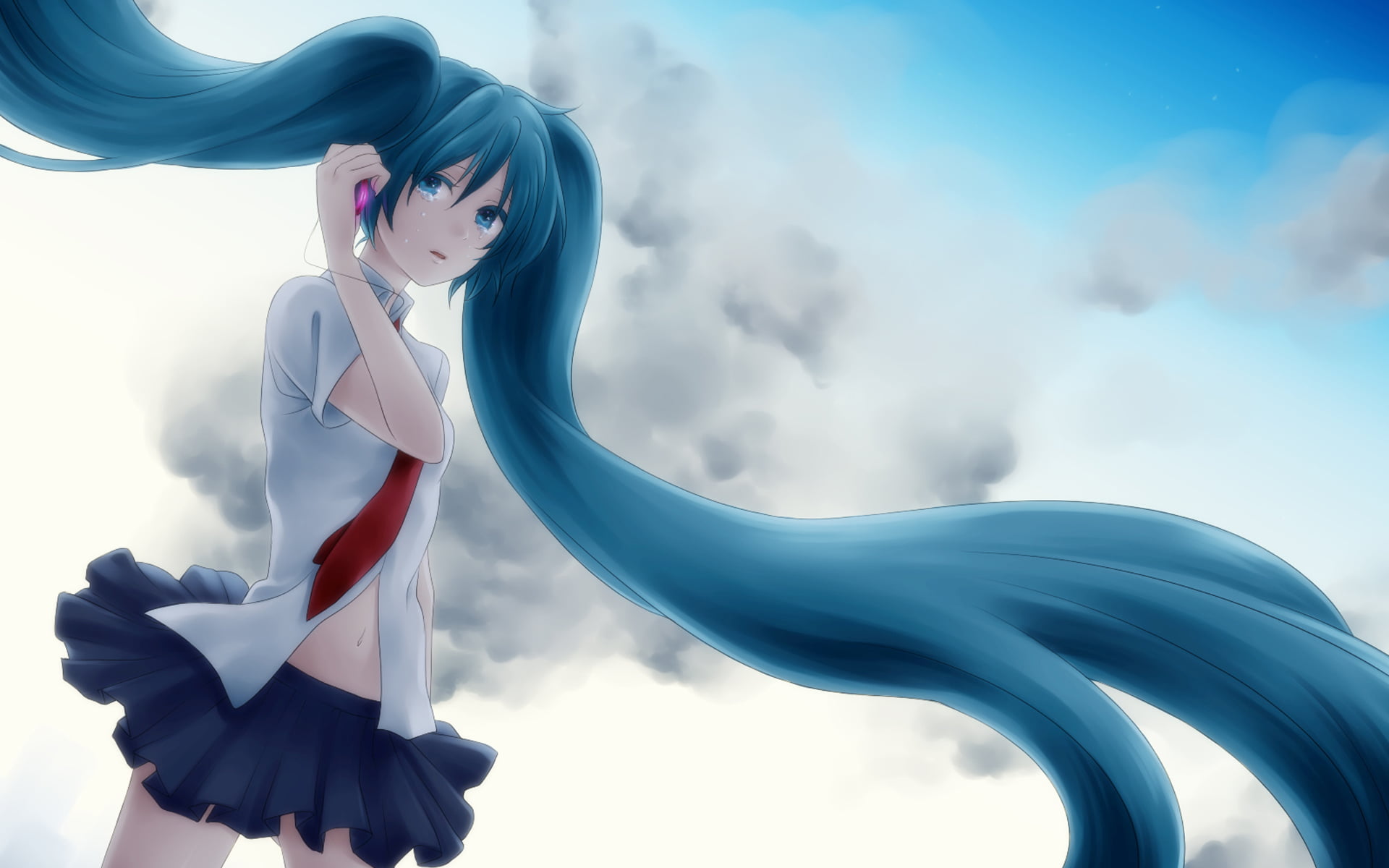 adult, one person, Anime / Animated, nature, anime, female, teardrop, women, cell, side view, phone, hairstyle, day, digital, hatsune, 1080P, green, miku, HD Wallpaper