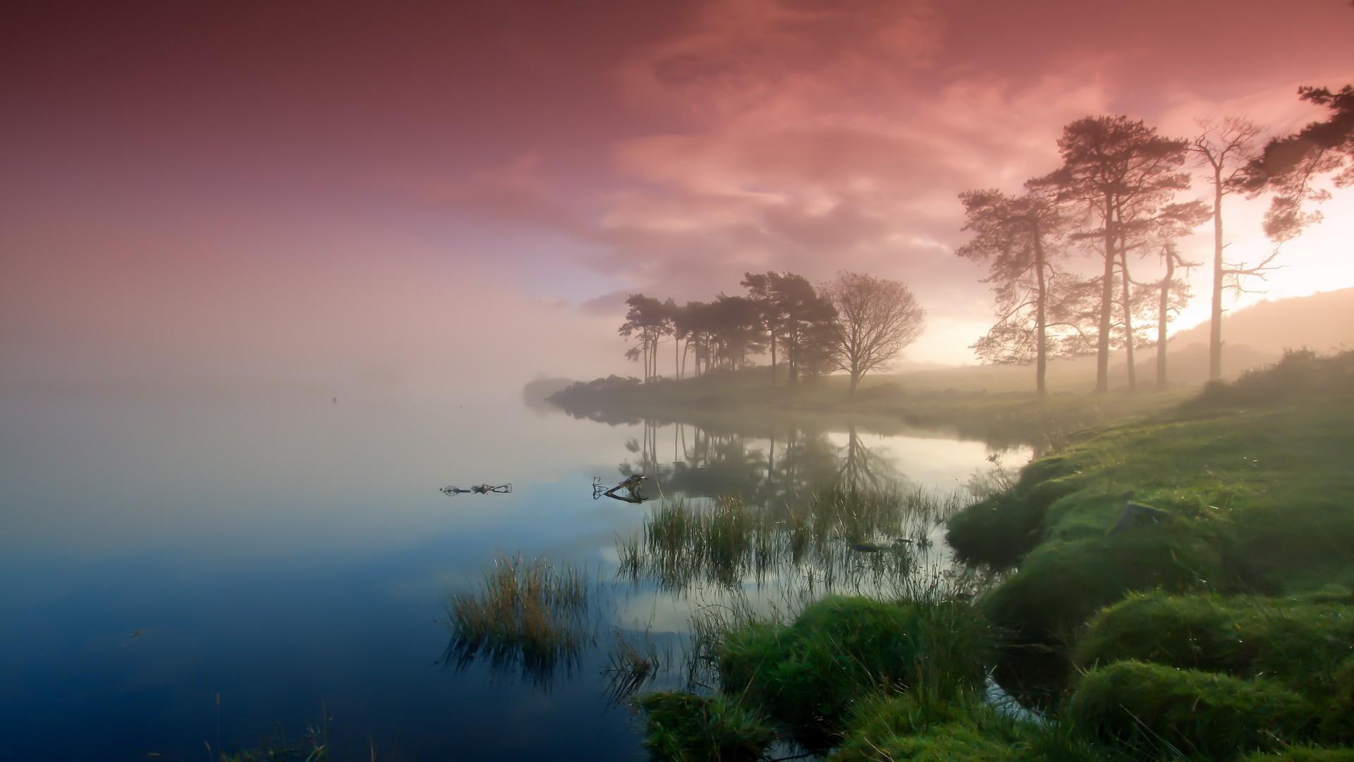 fog, 1080P, foggy, trees, reflect, scotland, sky, countryside, clouds, lake, misty, europe, HD Wallpaper