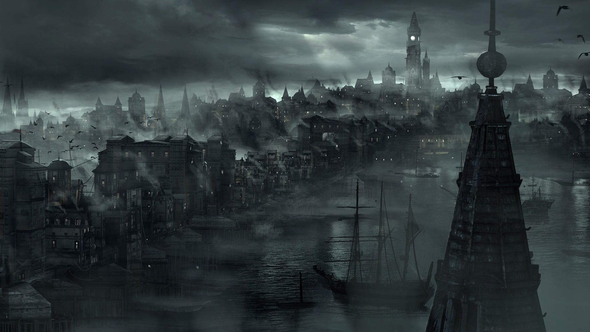 building exterior, city, river, outdoors, cityscape, mist, fantasy art, transportation, boat, covered, pier, office building exterior, digital, 1080P, HD Wallpaper