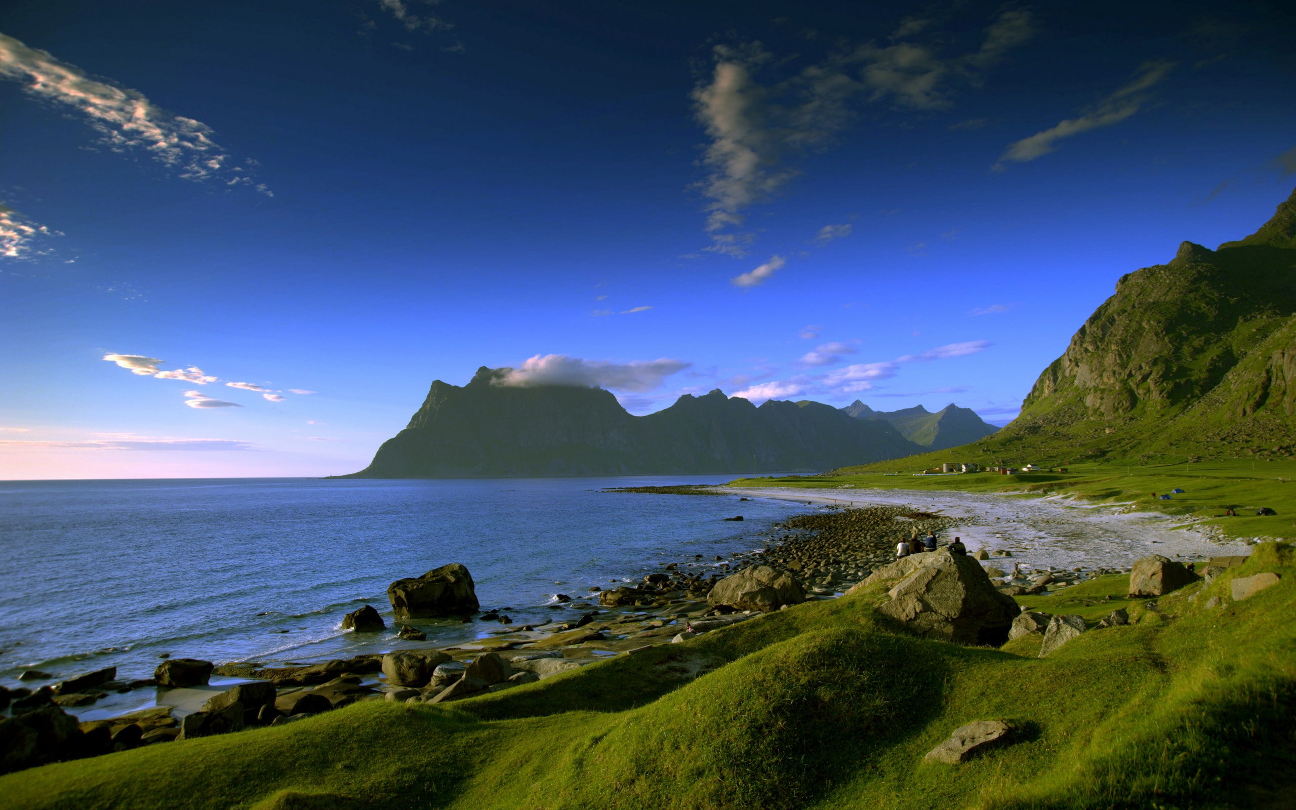 idyllic, cloud - sky, blue, land, scenics - nature, beach, non-urban scene, 2K, Lofoten, landscape, plant, tranquility, nature, sky, no people, tranquil scene, HD Wallpaper