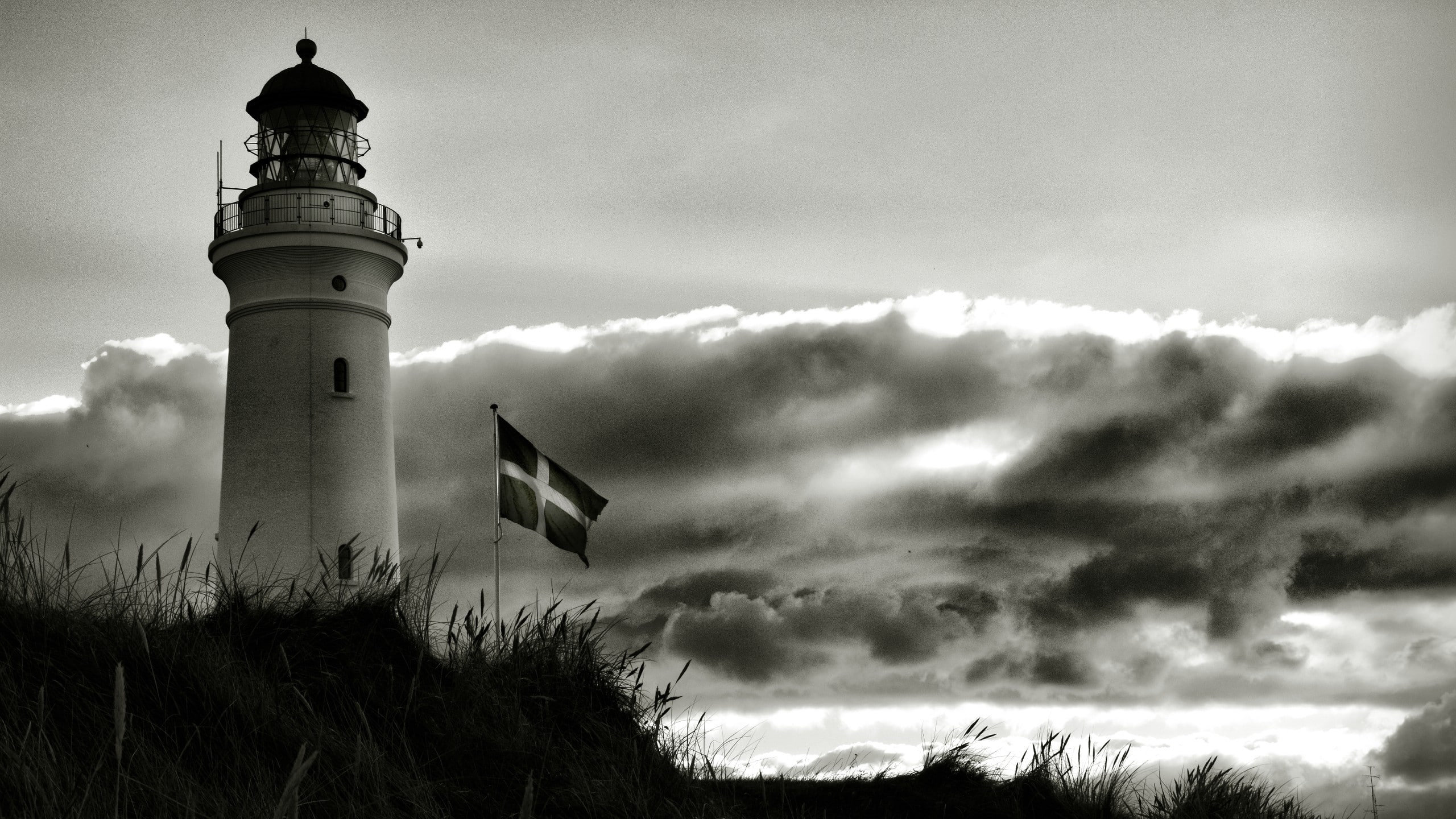2K, Denmark, clouds, monochrome, flag, lighthouse, HD Wallpaper