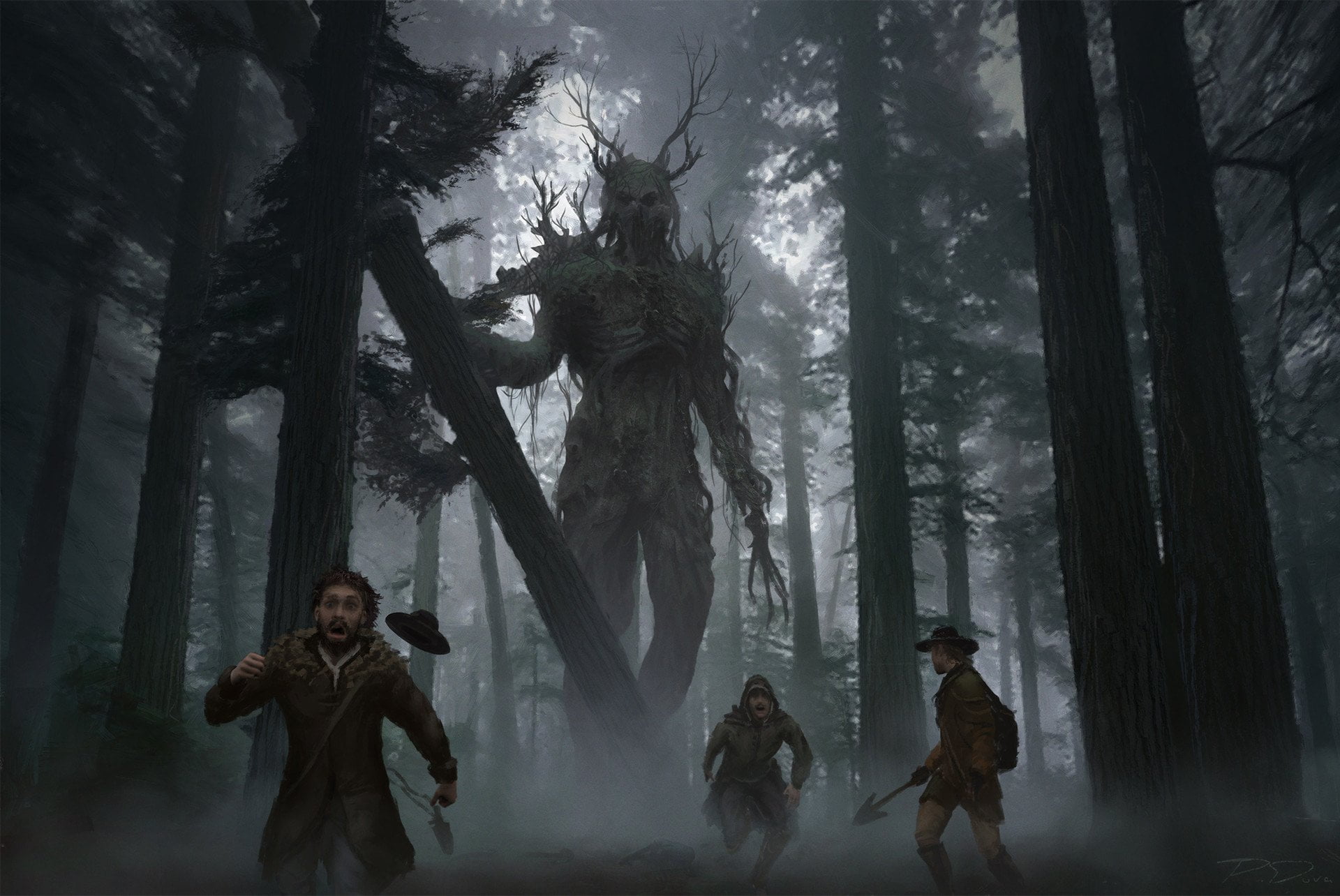 woodland, real people, 1080P, trunk, Dark, fog, women, lifestyles, Giant, females, leisure activity, tree trunk, plant, cold temperature, Monster, land, HD Wallpaper