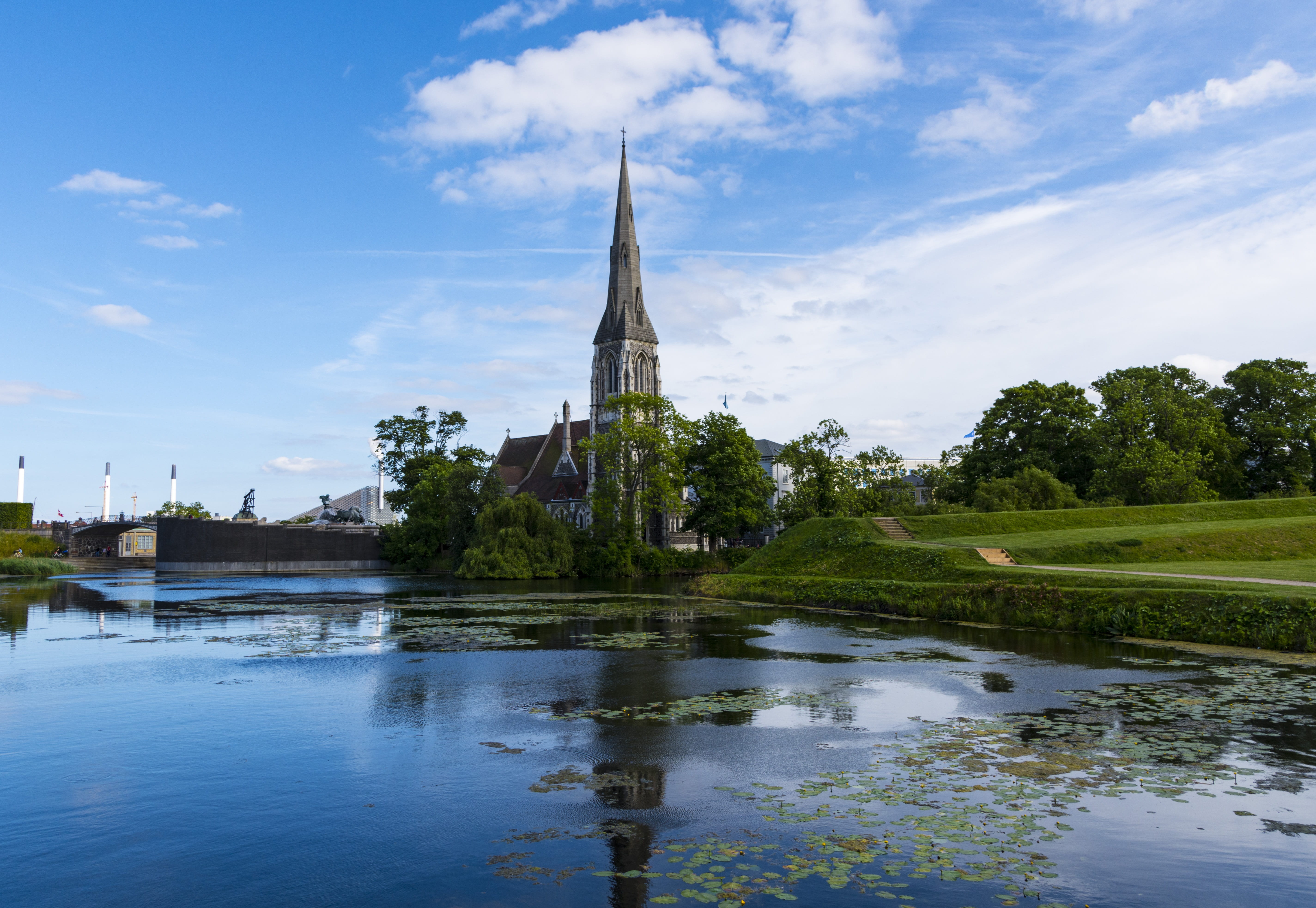 building, spire, europe, tourism, cityscape, water, no people, day, lake, near, blue, travel, church, museum, copenhagen, place of worship, building exterior, HD Wallpaper