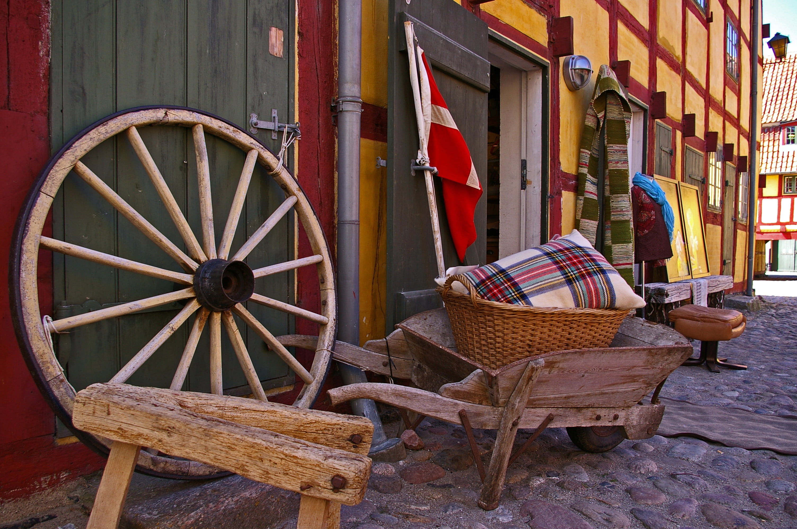 built structure, building, truss, open, wagon wheel, denmark, old house, old town, table, home, antique trade, hauswand, seat, wheel, nature, quaint, day, HD Wallpaper