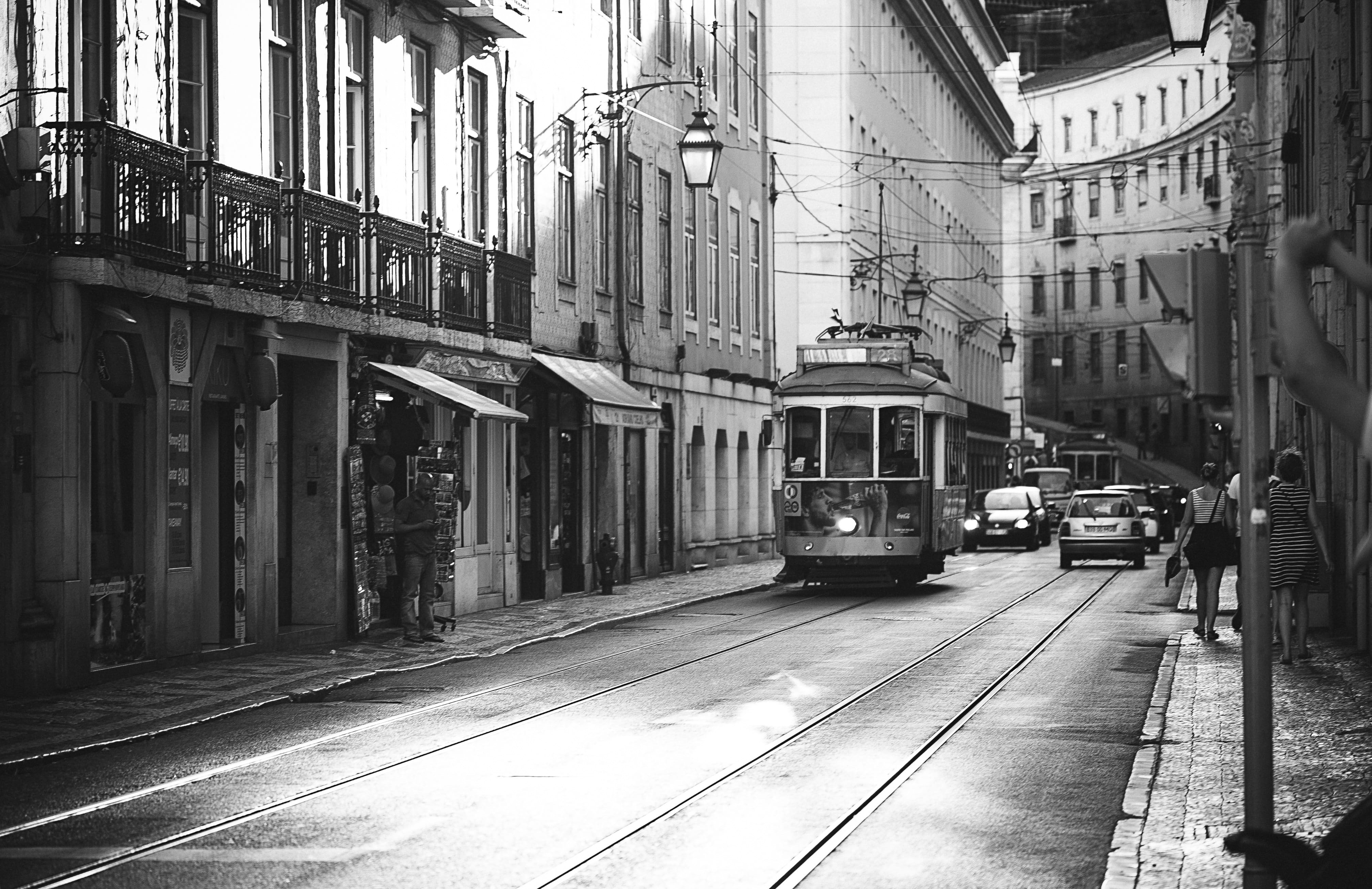 lisboa, mode of transportation, old-fashioned, day, city street, public transportation, train, tourism, cable Car, european, famous Place, 4K, people, HD Wallpaper