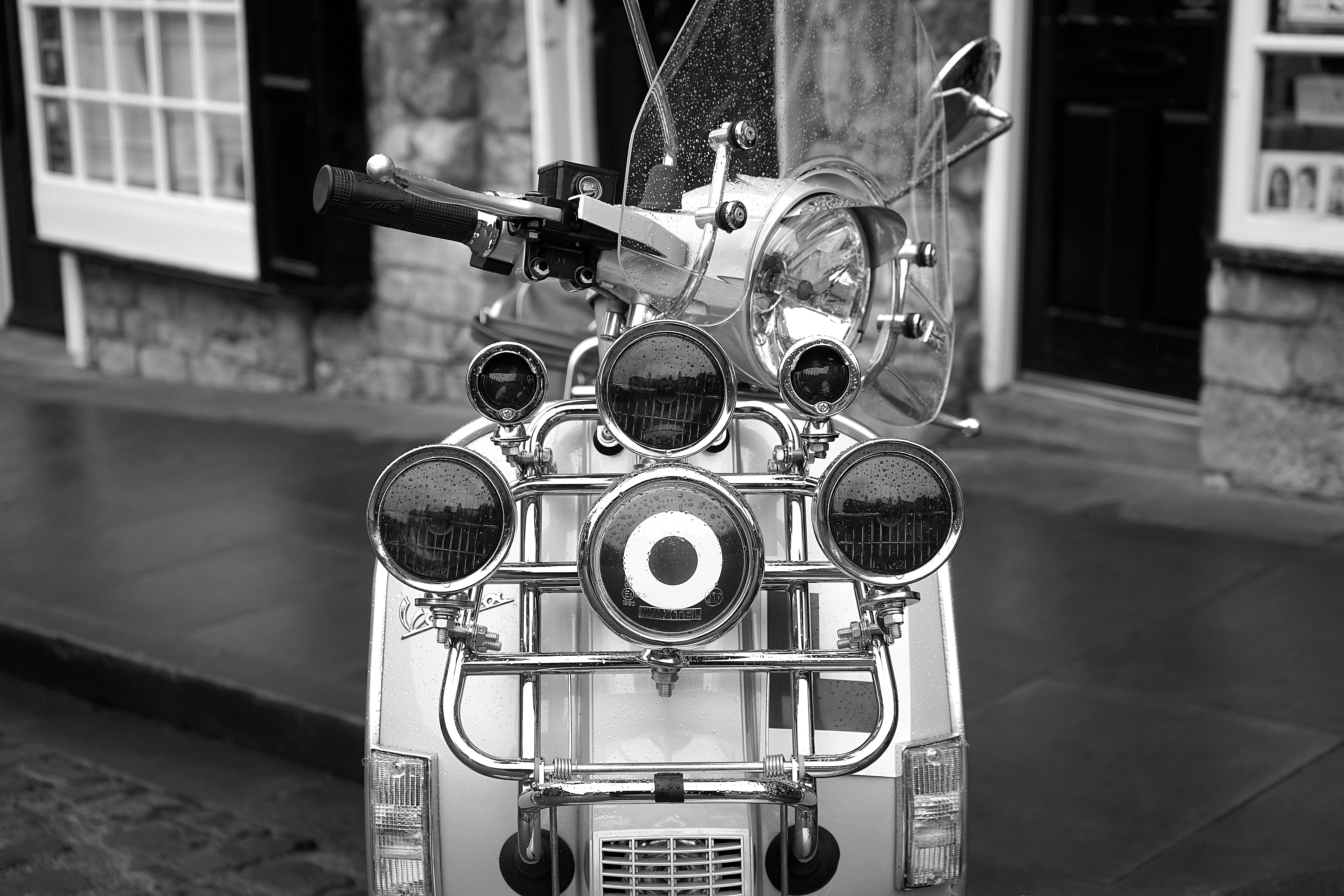 transportation, urban, motorcycle, scooter, old, city, the past, 1960s, wall - building feature, retro, building exterior, classic, history, 5K, vehicle, HD Wallpaper