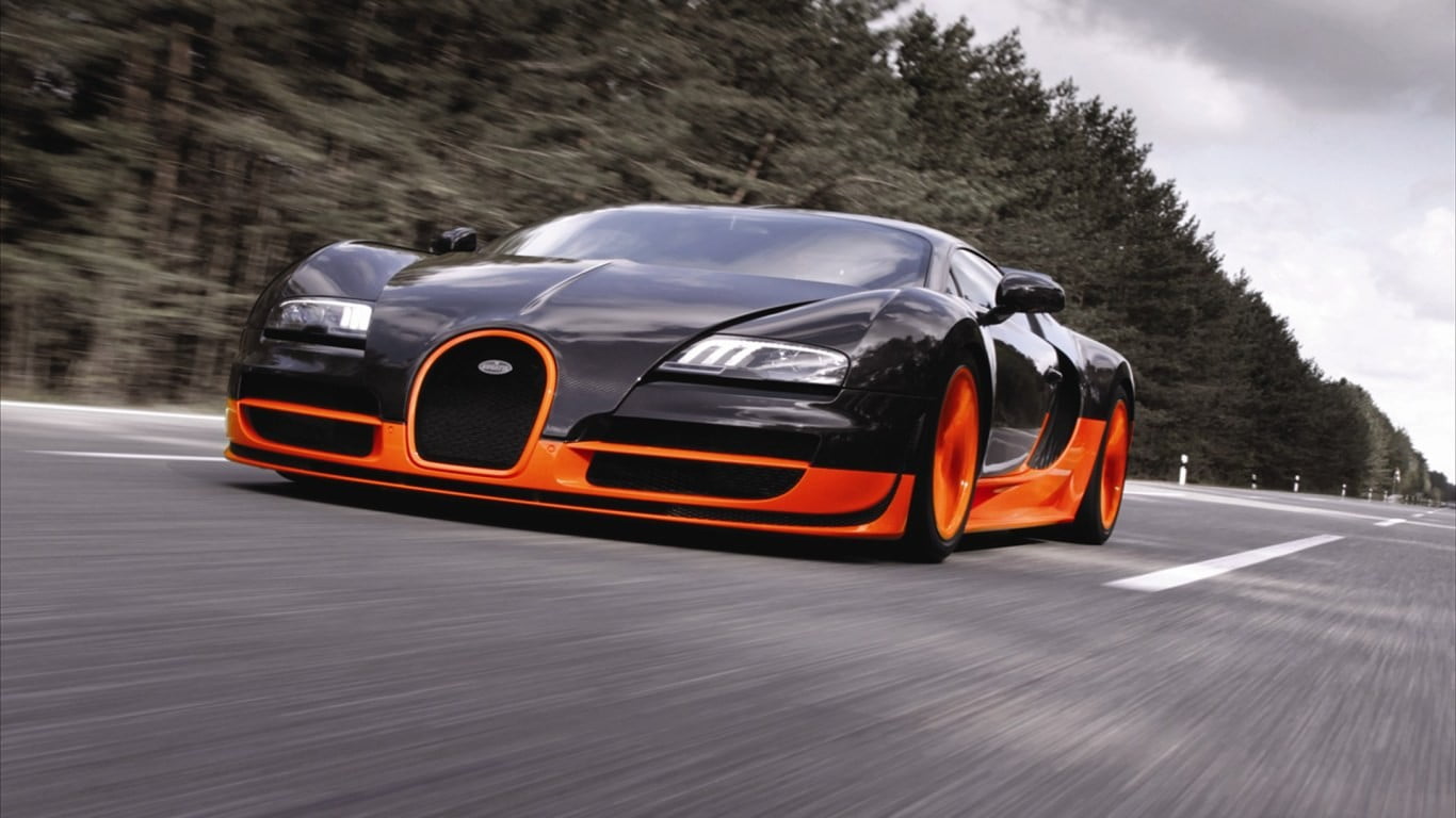 720P, veyron, motor vehicle, road, luxury, car, sports race, land vehicle, black, wheel, city, orange, on the move, sign, nature, mode of transportation, HD Wallpaper