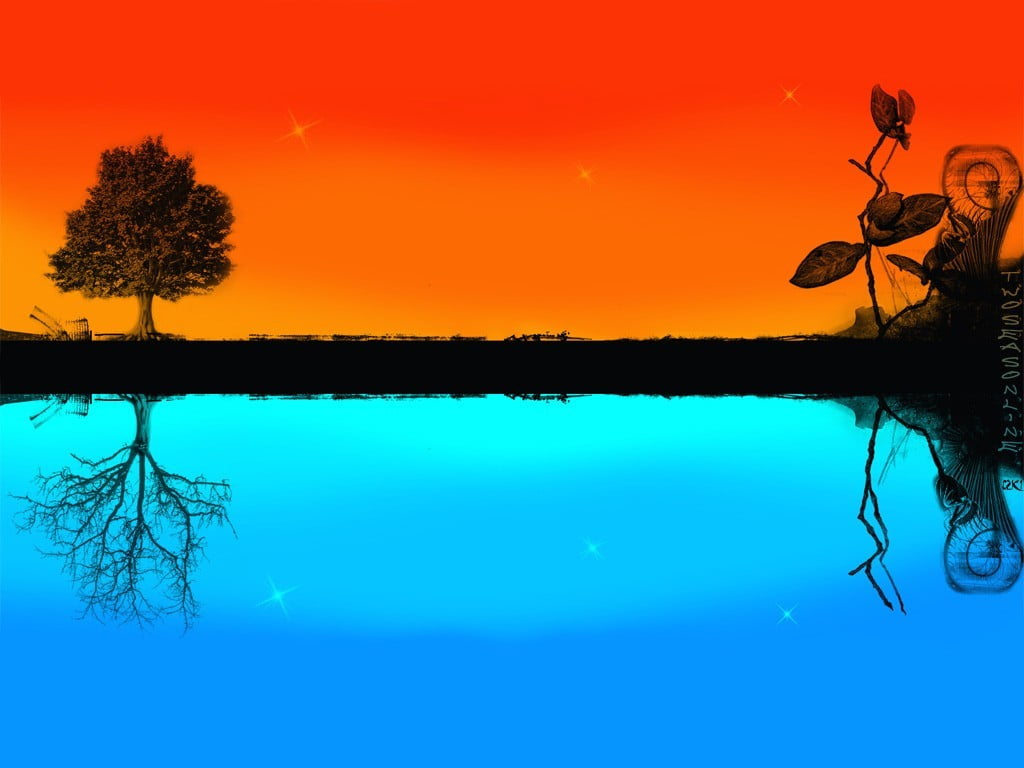 outdoors, sky, orange color, tranquil scene, 480P, reflection, artwork, nature, green, floating on water, orange, water, sunset, colorful, silhouette, HD Wallpaper