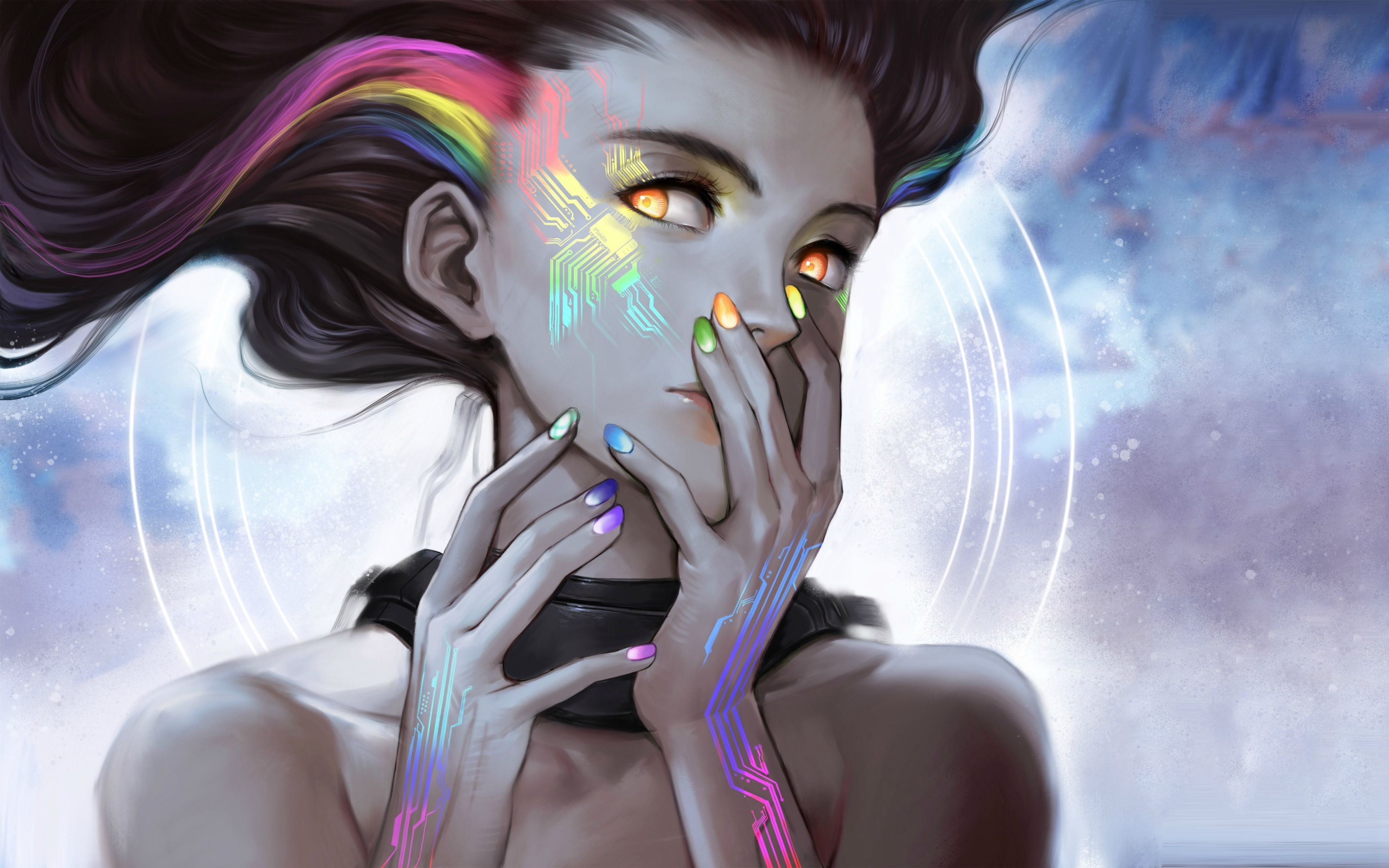 emotion, portrait, anime, multi colored, colored nails, outdoors, females, young adult, creativity, beautiful woman, drawing, paint, art and craft, headshot, HD Wallpaper