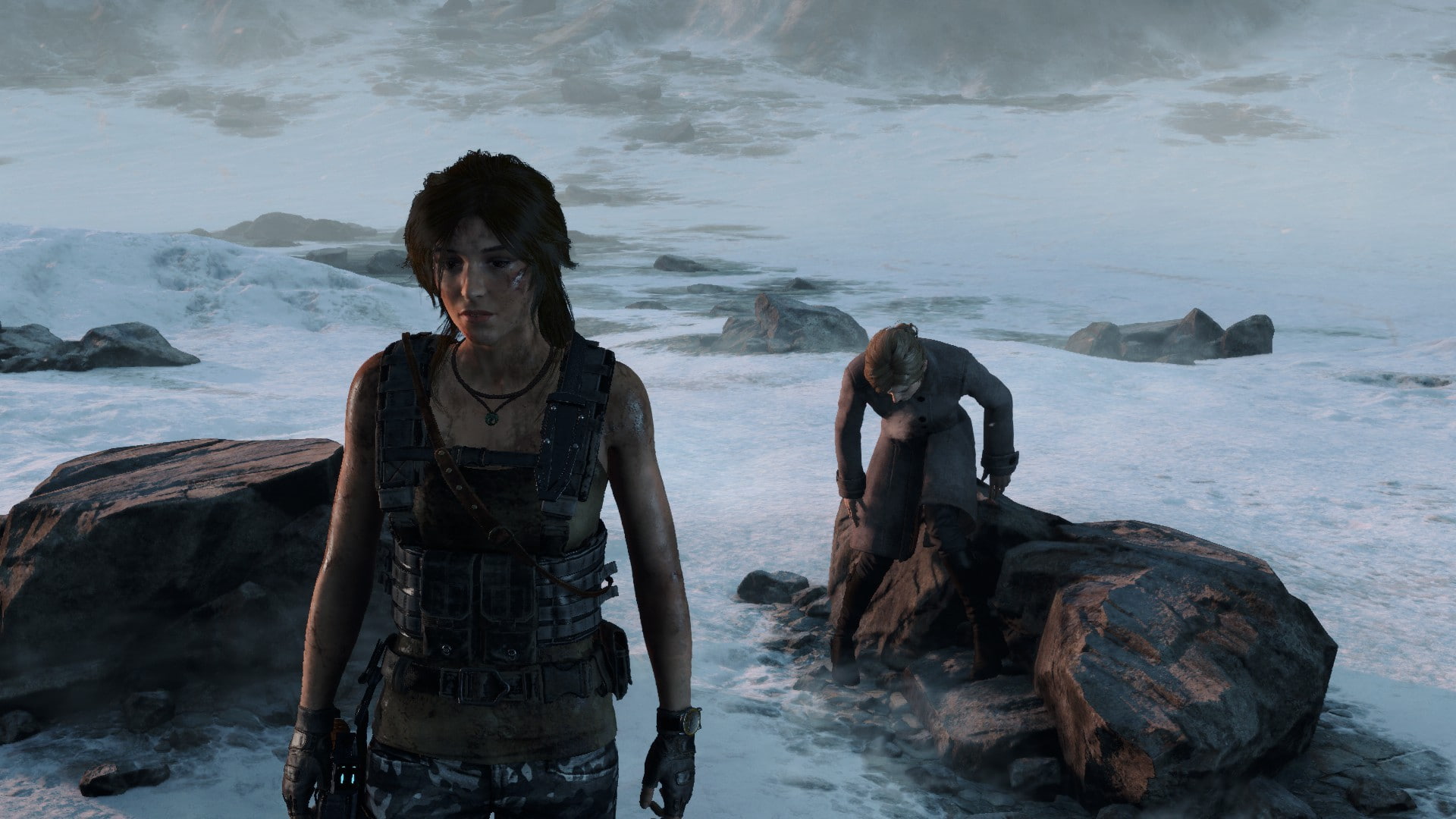 real people, day, Tomb Raider, Lara Croft, 1080P, solid, people, rock - object, sea, water, flowing water, Ultra Settings, nature, beach, lifestyles, pistol, HD Wallpaper