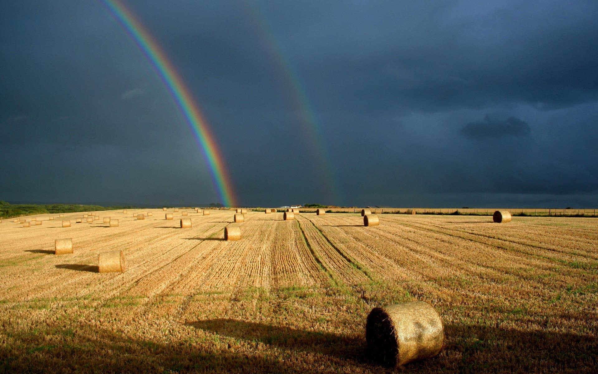 rainbow, nature, round, double, rainbows, hay, stormy, dark, nature and landscapes, clouds, 1080P, bales, fields, hayfield, bronw, HD Wallpaper