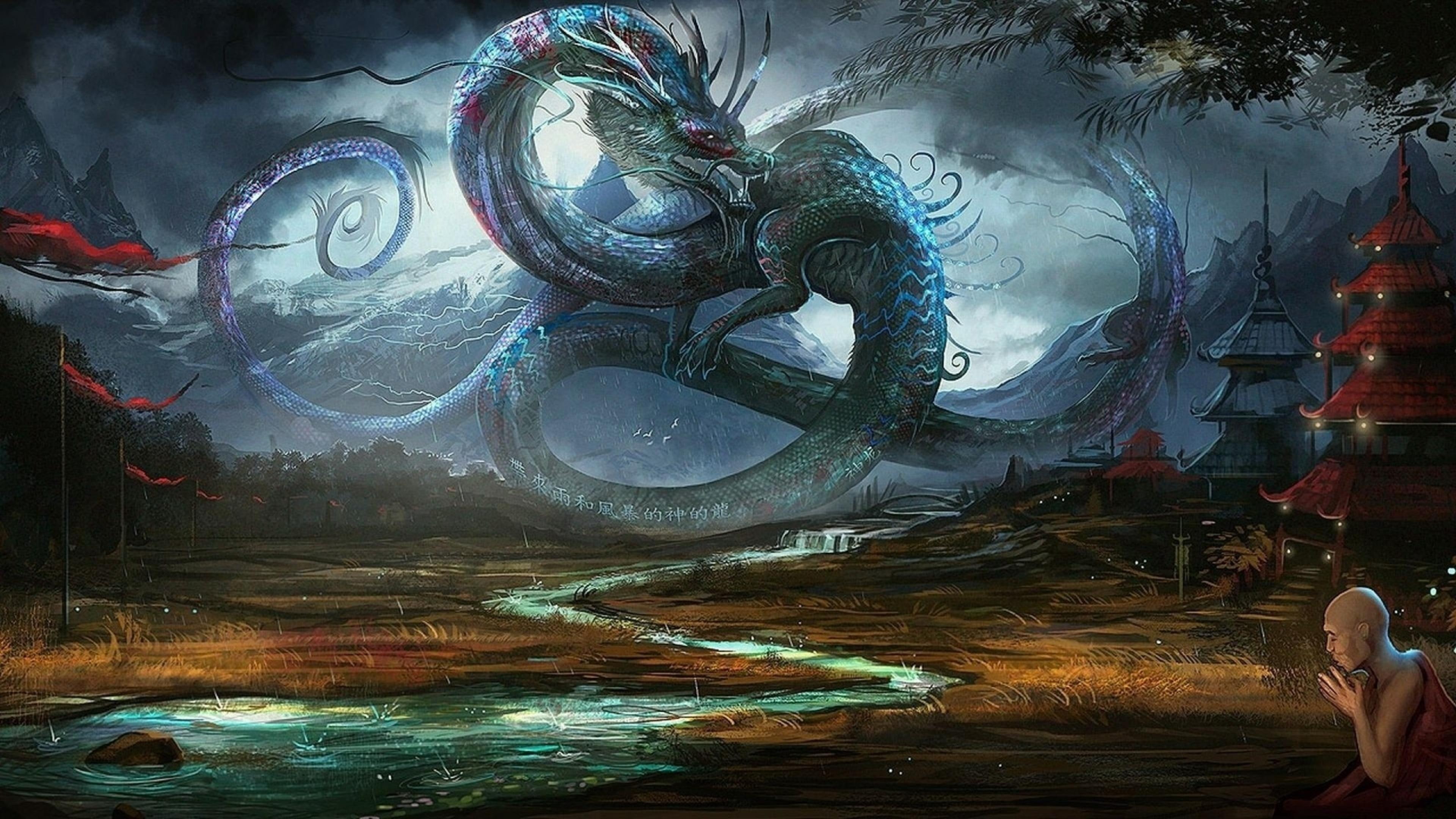 fantasy art, dragon, china, rain, temple, 4K, stormy, art, water, HD Wallpaper