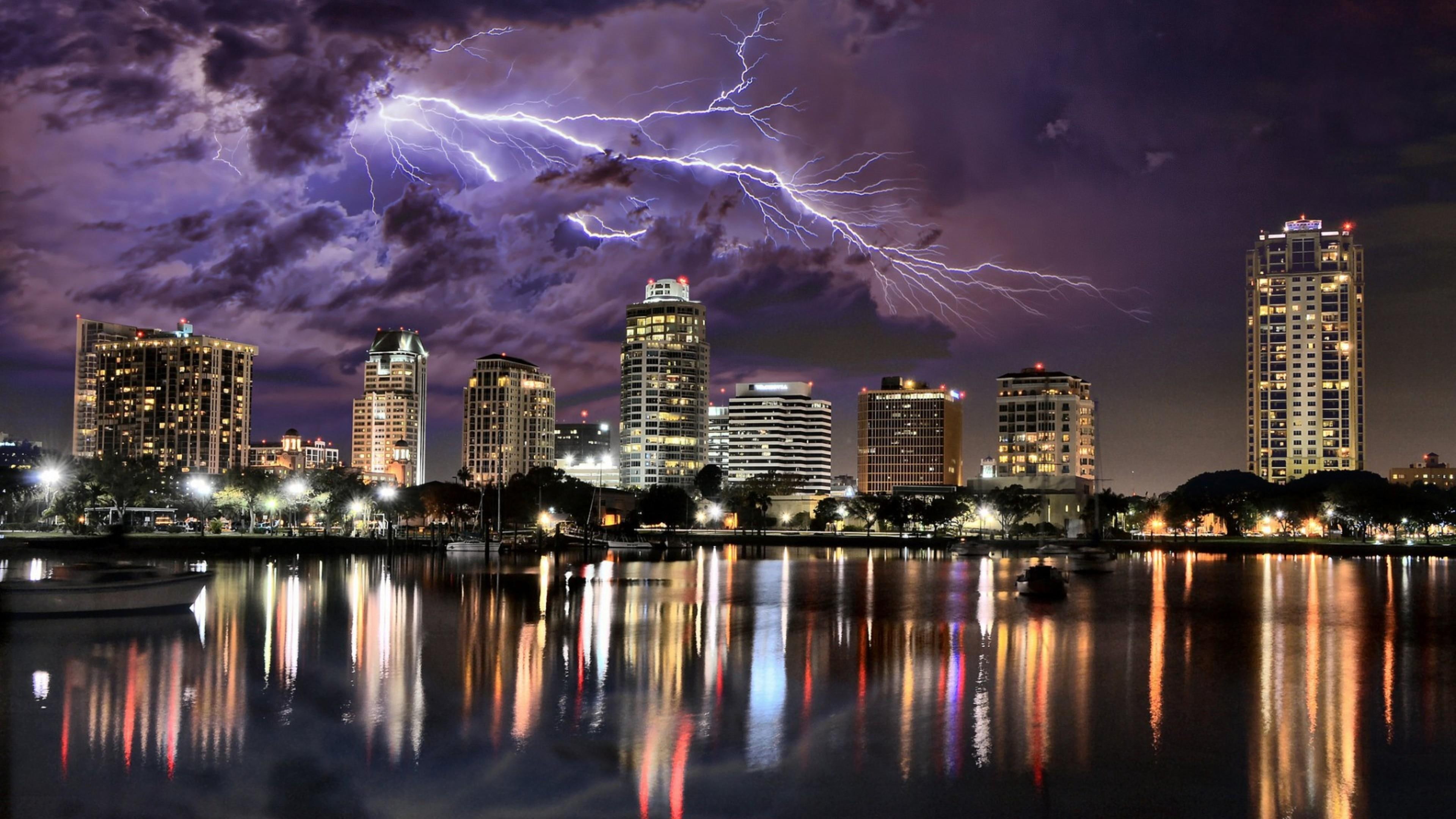 night, sky, lightning, cityscape, reflect, lake, dark, city lights, stormy, 4K, HD Wallpaper