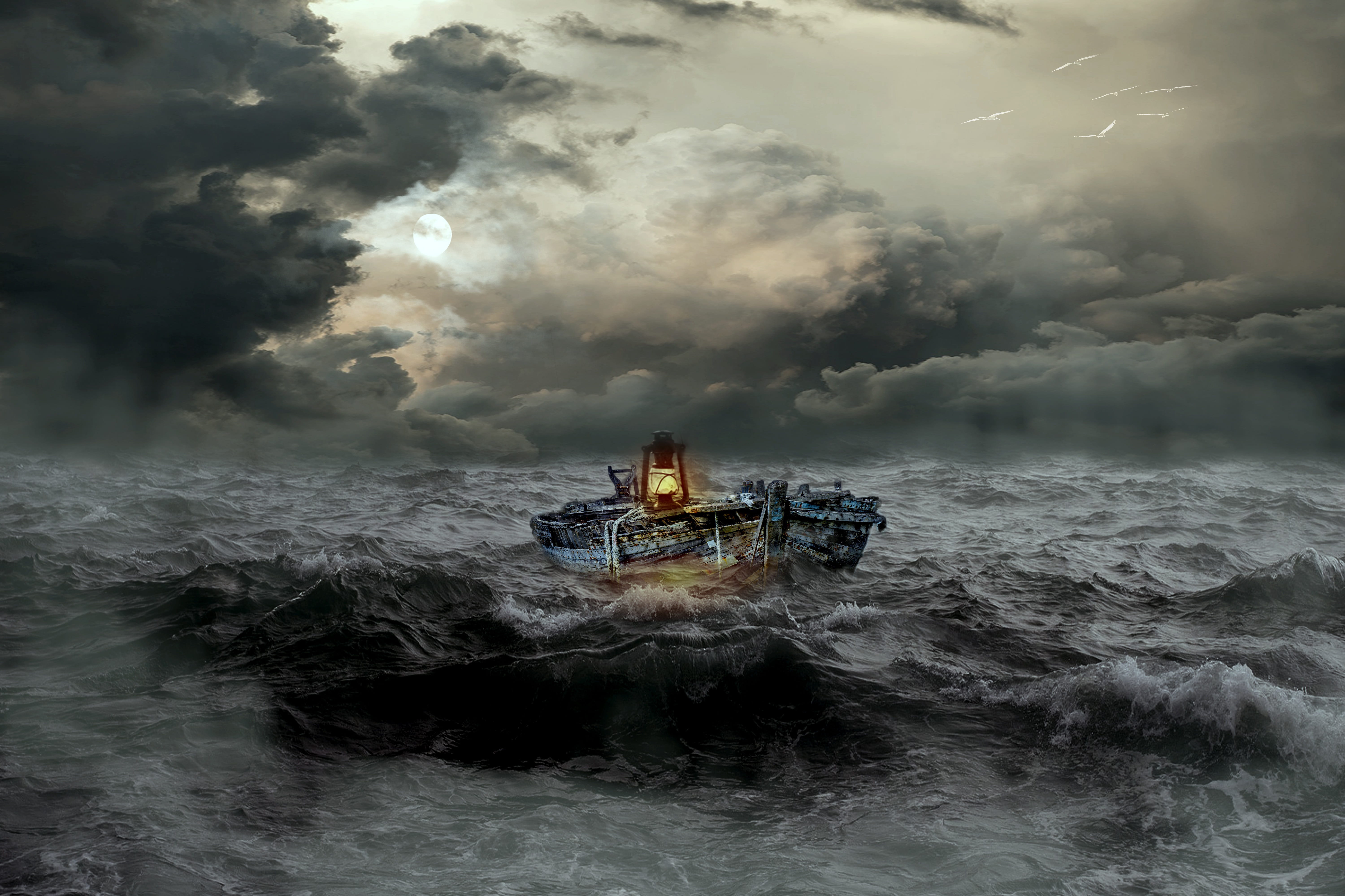 moonlight, composing, spray, boat, wave, scenics - nature, forward, outdoors, nature, body, transportation, lake, water, fantasy, nautical vessel, 5K, HD Wallpaper