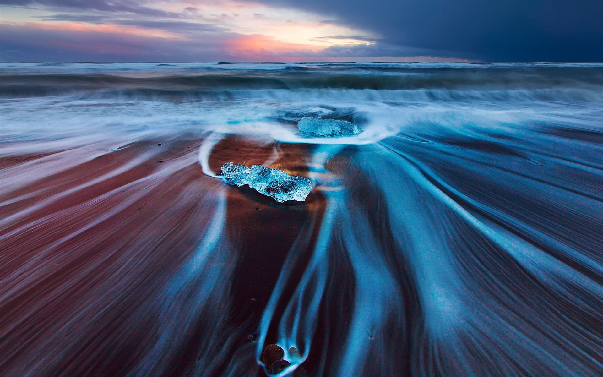 photograph, timelapse, Sea, Dusk, Beach, Ice, Iceland, Waves, river, 1080P, HD Wallpaper