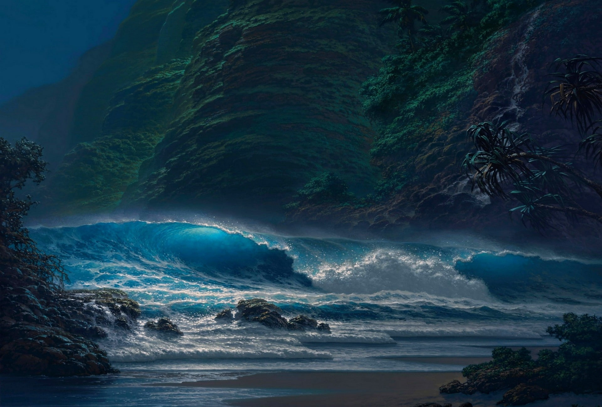 nature, cliff, night, waves, palm, coast, trees, moonlight, 1080P, sand, beach, palm trees, sea, landscape, HD Wallpaper