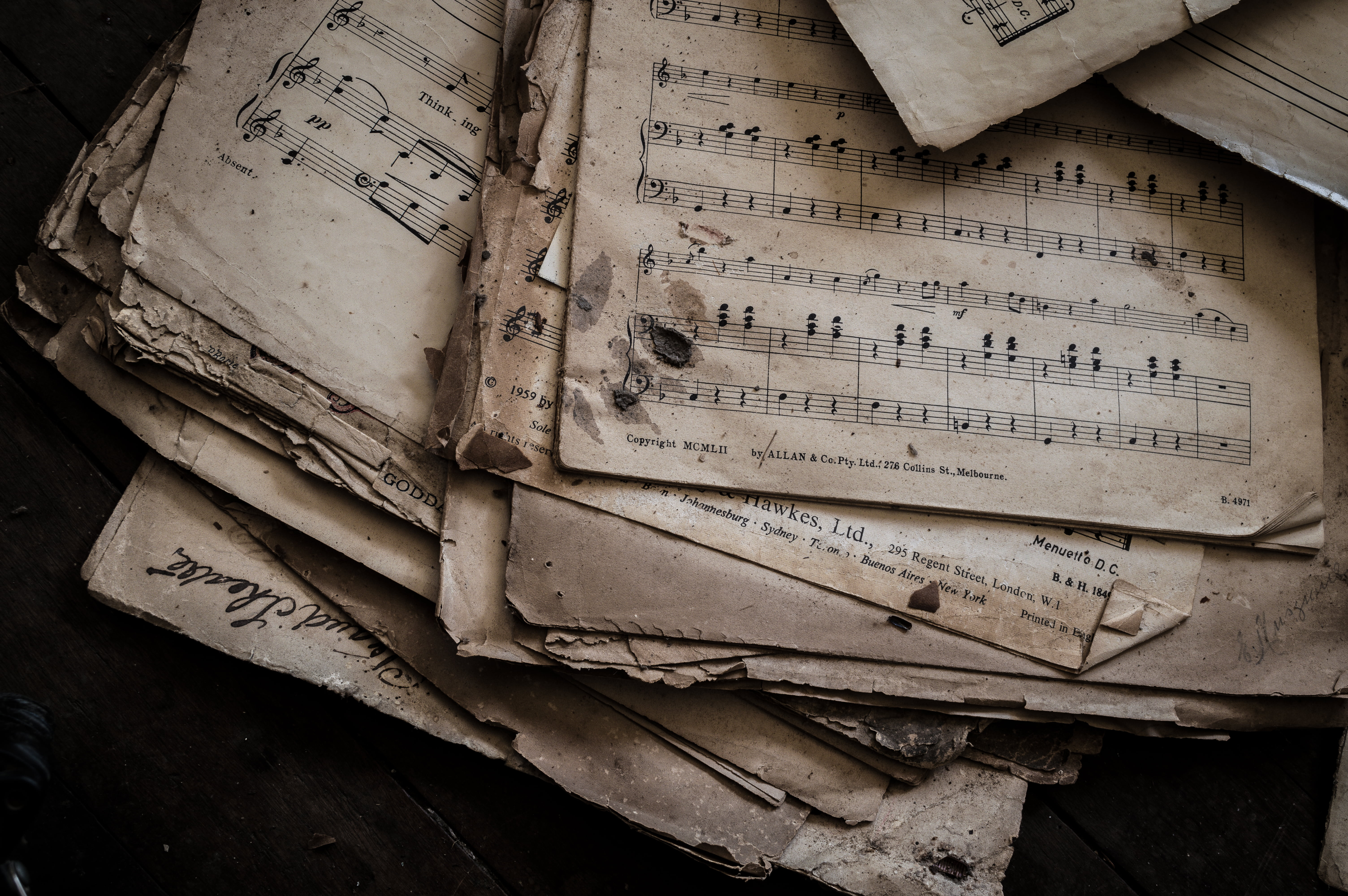 obsolete, no people, book, indoors, lot, text, run-down, damaged, old, wood - material, musical, deterioration, publication, high angle view, dirty, stack, HD Wallpaper