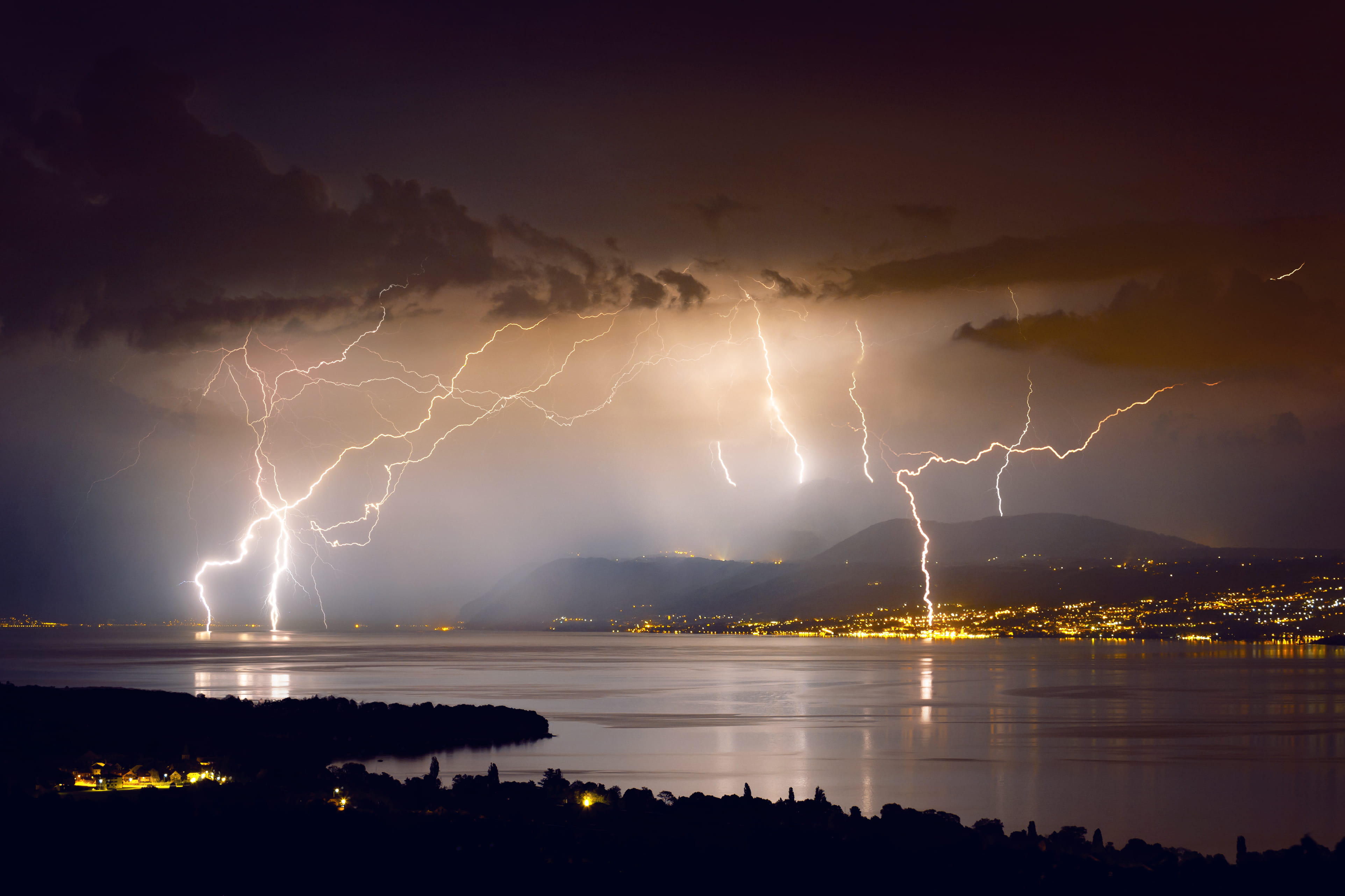 lighting, scenics, landscape, light - Natural Phenomenon, time, night, reflection, weather, sky, wind, sunset, nature, lightning, lightning strike, lake, HD Wallpaper