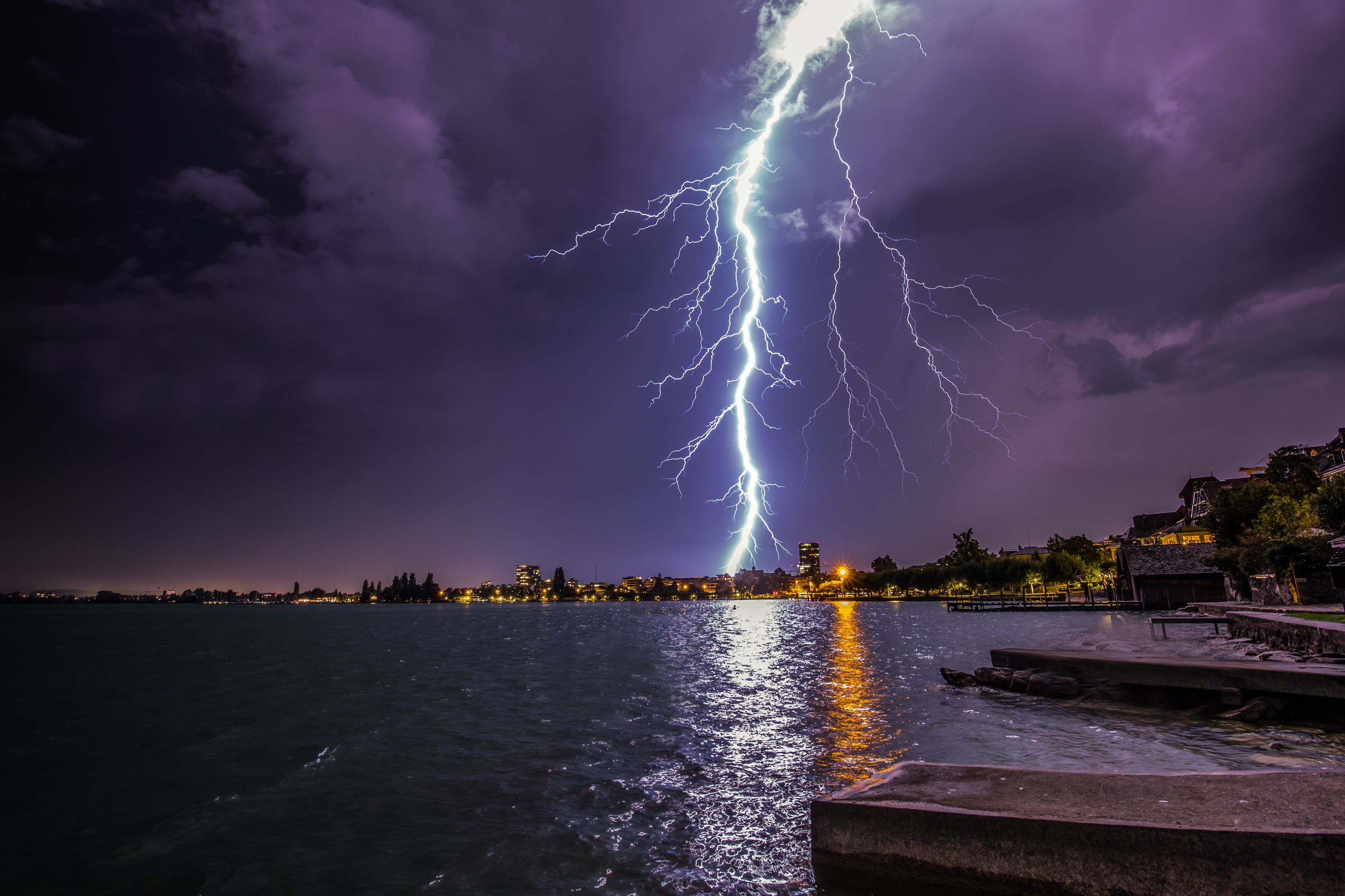 Switzerland, 2K, clouds, nature, sky, architecture, lights, cloud - sky, the storm, illuminated, Zugerberg, power, building exterior, storm, piers, lightning, HD Wallpaper