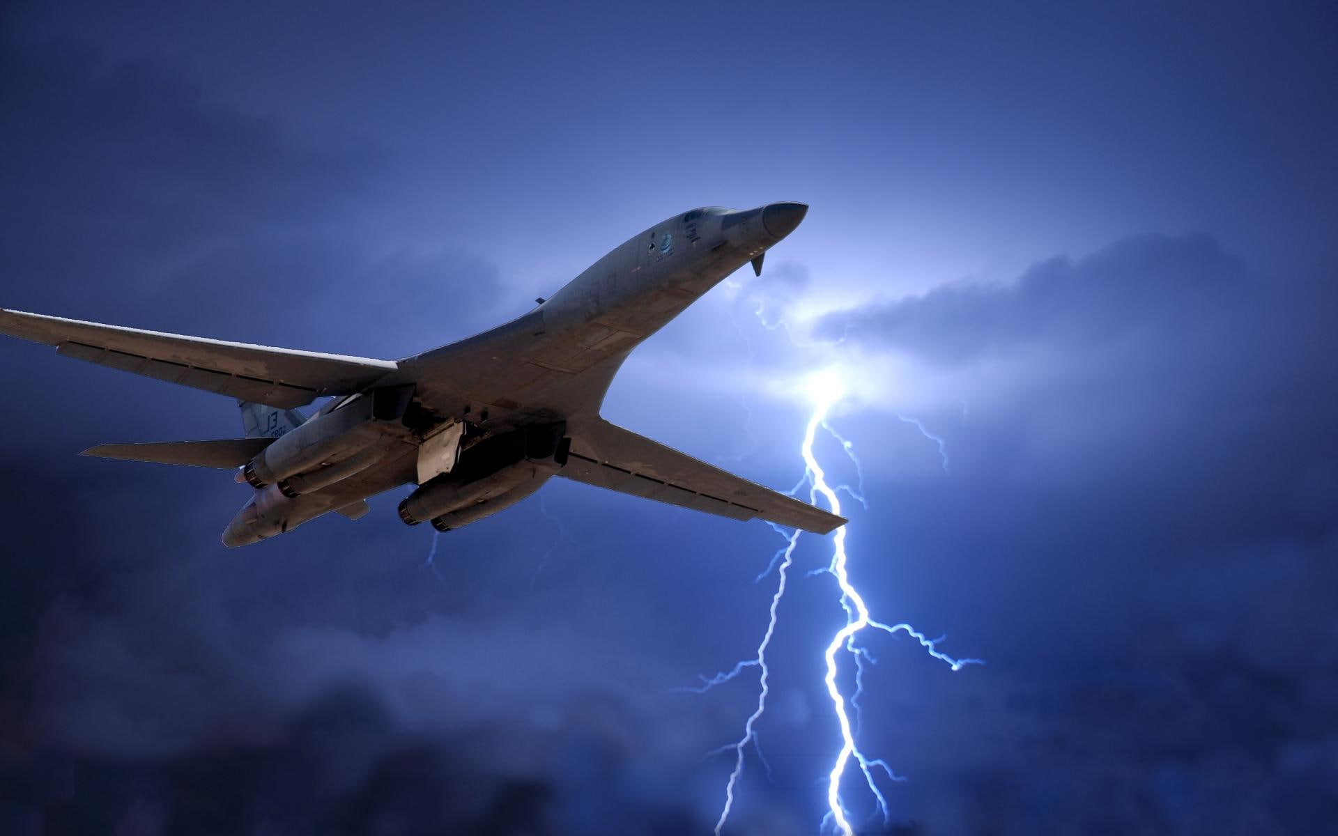 1080P, strikes, b, air force, lancer, military, force of nature, weather, lightning, lightning bolt, behind, bomber, HD Wallpaper