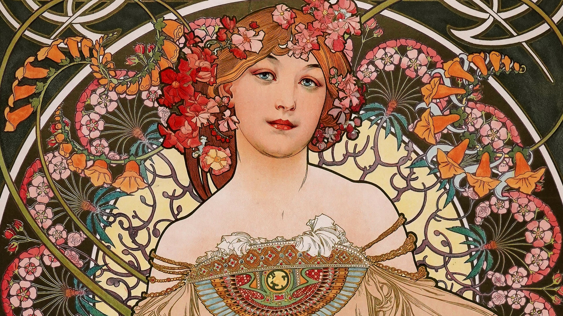 Art Nouveau, traditional art, floral, 1080P, Alphonse Mucha, illustration, HD Wallpaper