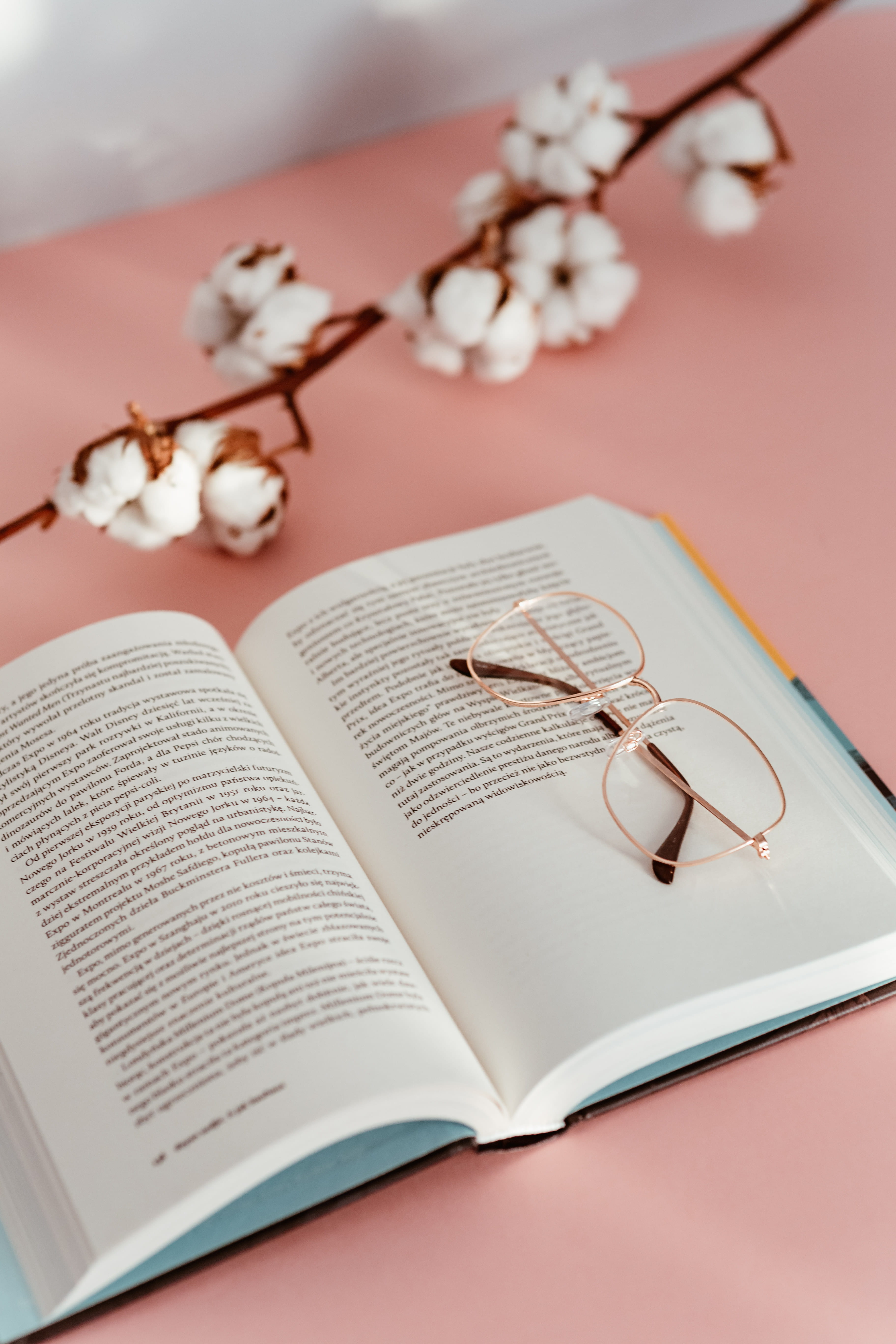 personal accessory, pink, reading, glasses, feminine, background, paper, book, flowering plant, open, indoors, 5K, education, study, close-up, table, cherry blossom, Phone HD Wallpaper