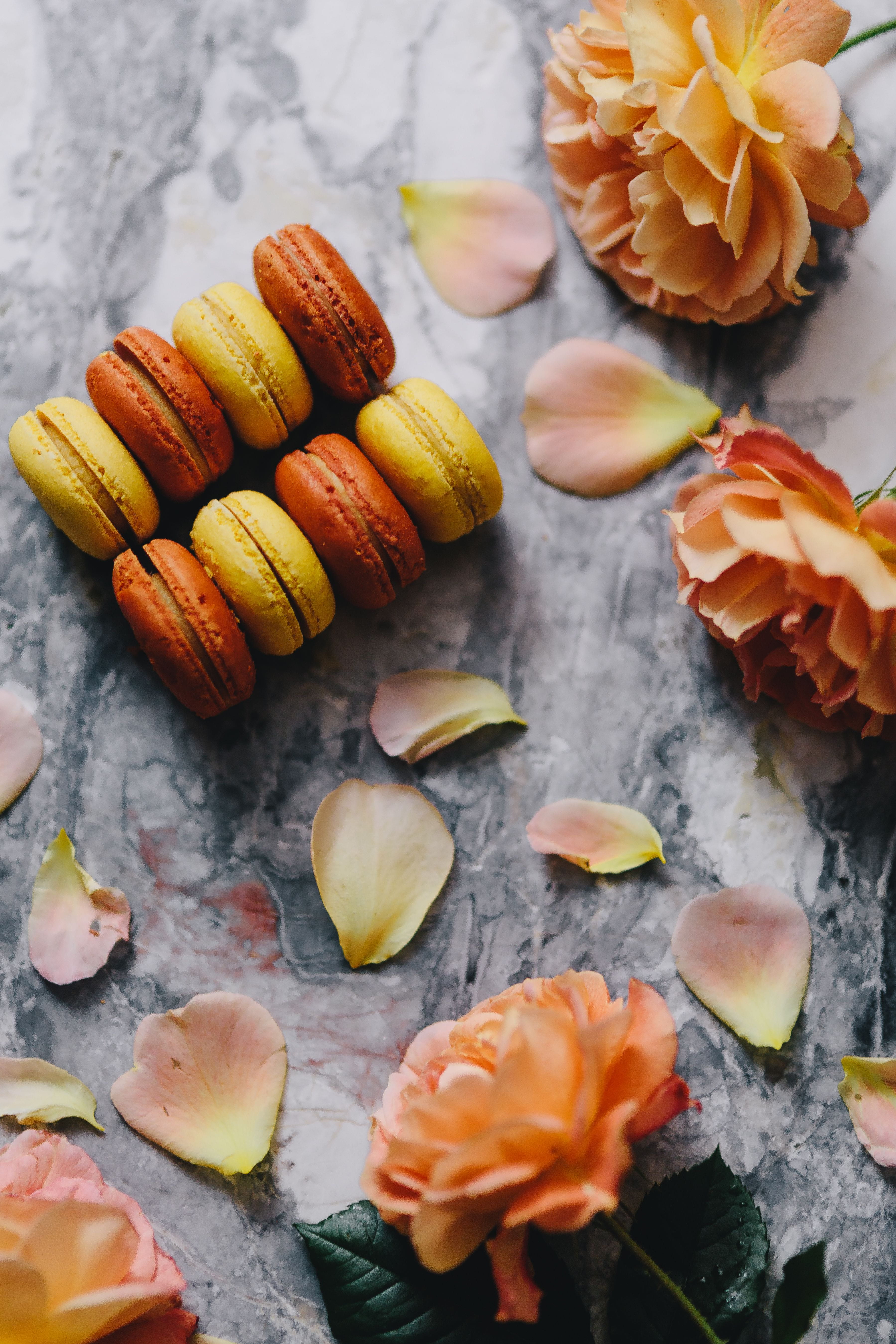 5K, indoors, day, above, petals, food, temptation, high angle view, macaroon, plant, cookie, orange, yellow, healthy eating, season, nature, autumn, marble, Phone HD Wallpaper