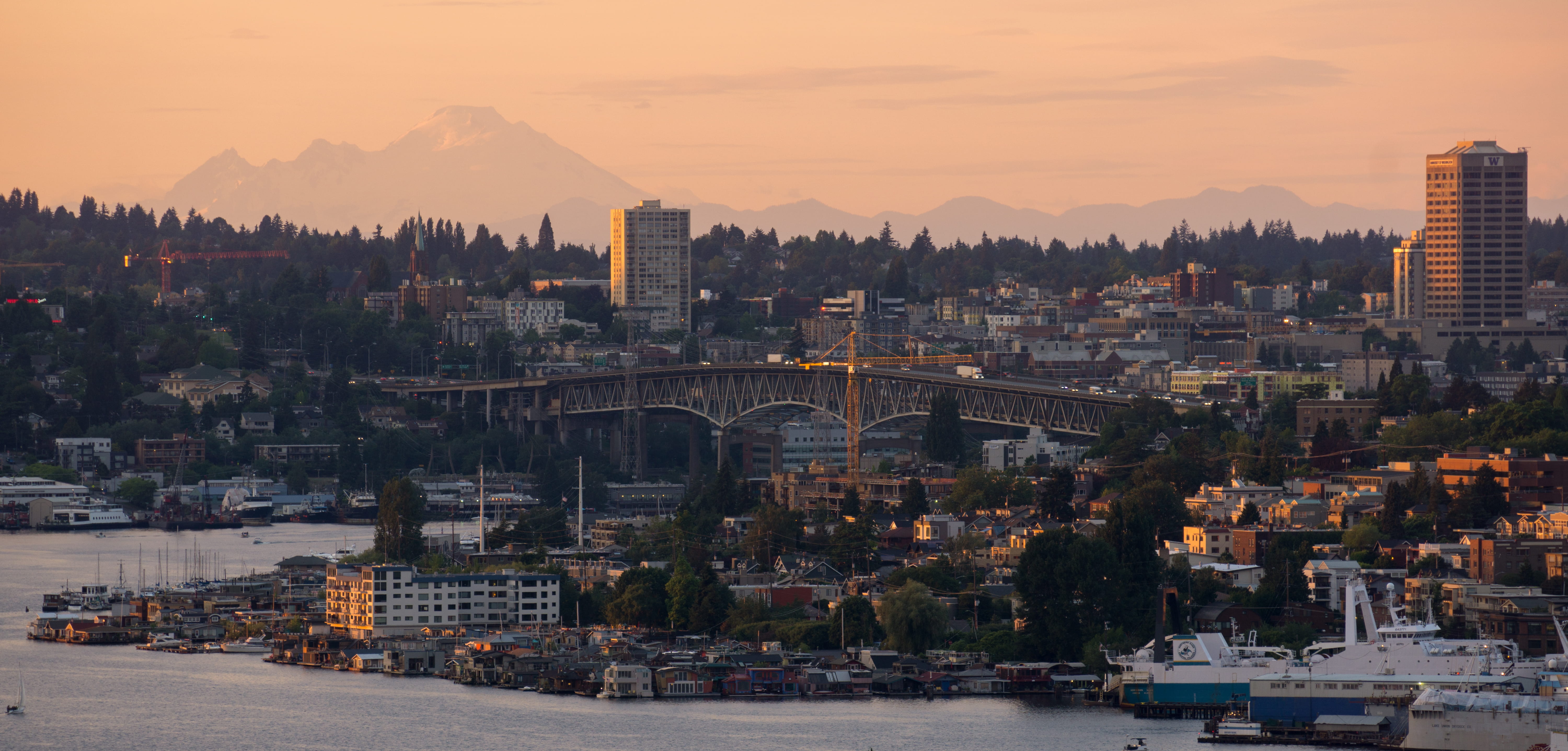building, nautical vessel, sky, cityscape, no people, city, lake union, office building exterior, architecture, outdoors, water, travel, sunset, building exterior, HD Wallpaper
