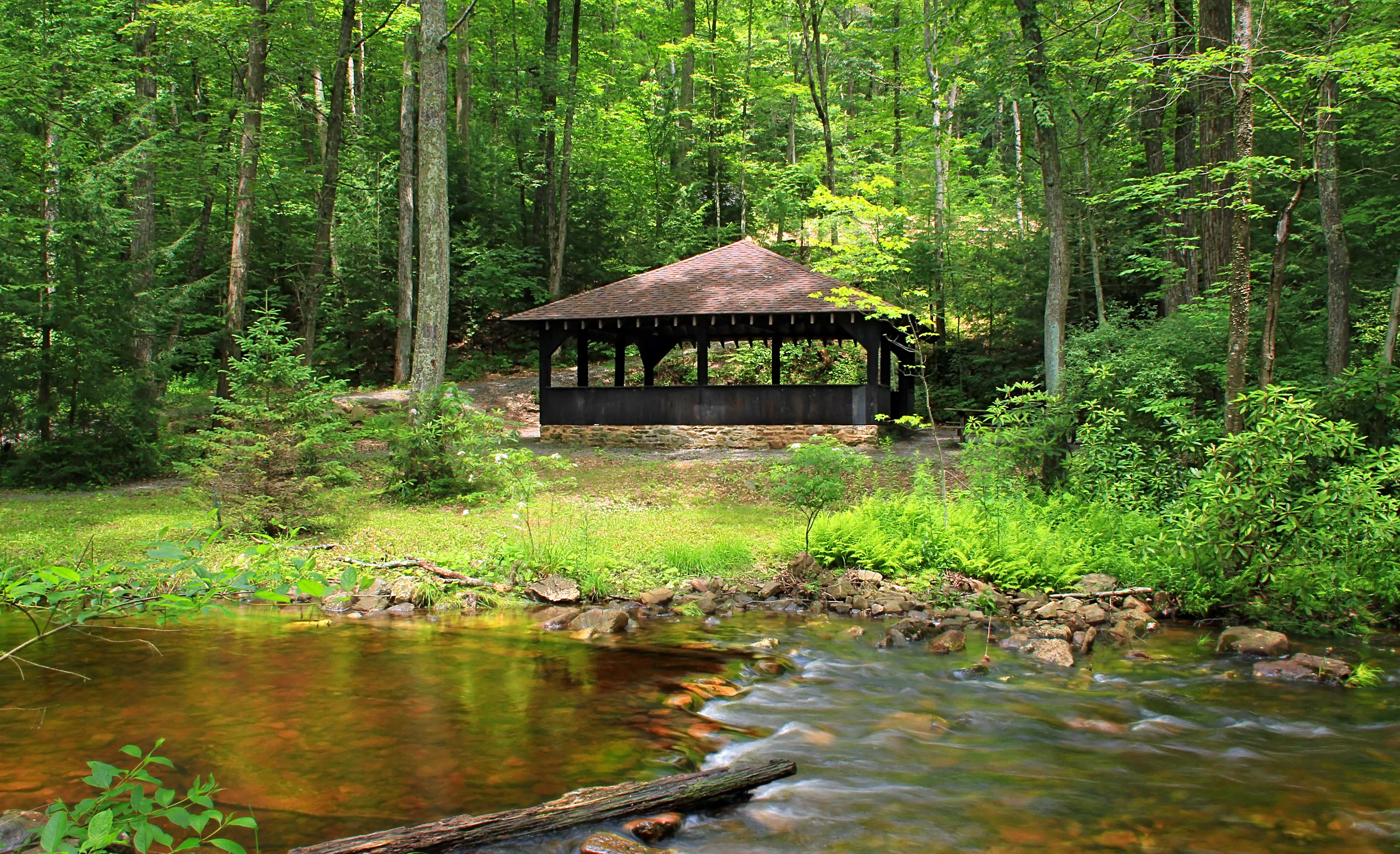 Pennsylvania, Rapid Run, rocks, stream, woodland, gazebo, Bald Eagle State Forest, creek, Civilian Conservation Corps, water, Picnic, creative commons, HD Wallpaper