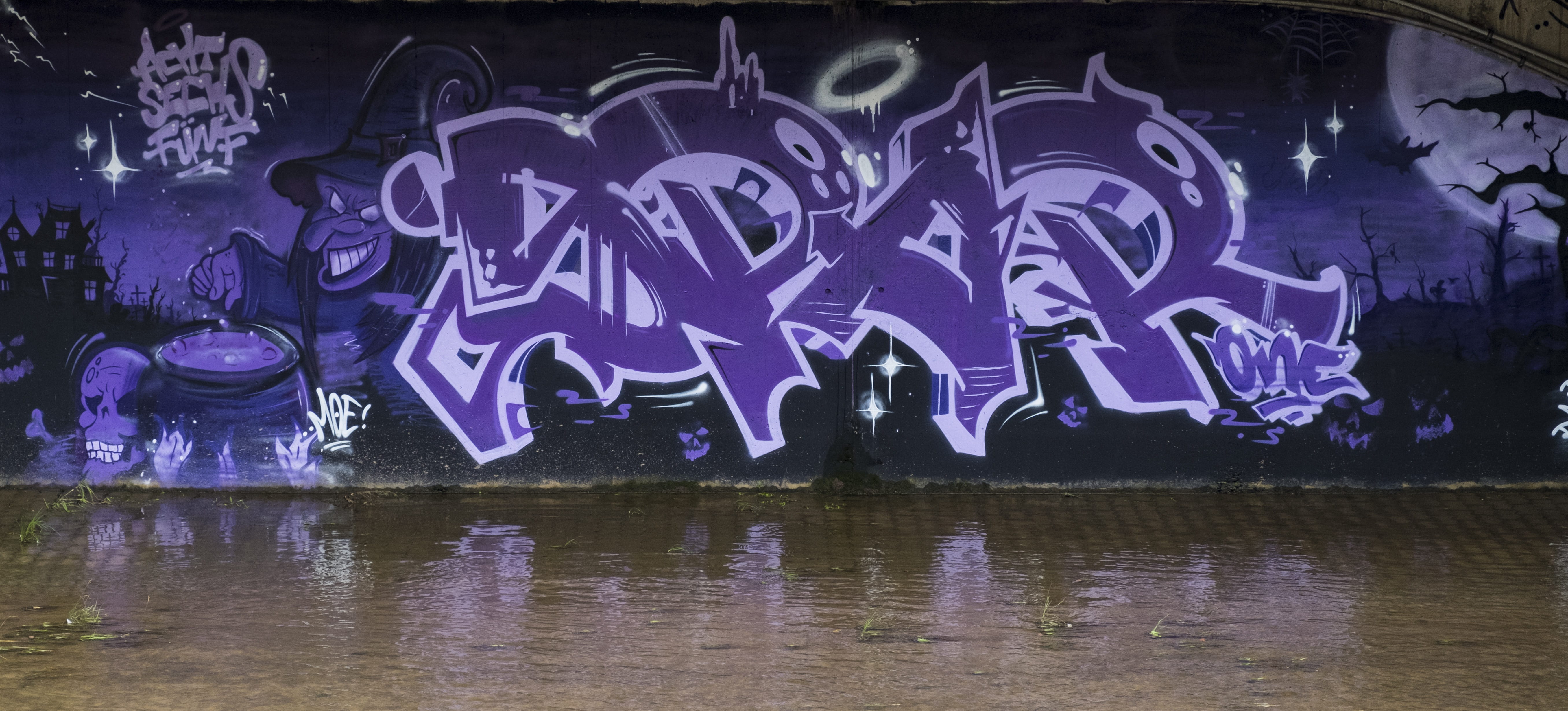 wall, spray, 5K, city, purple, drawing, art, no people, street art, art and craft, blue, built structure, wall - building feature, painting, reflection, HD Wallpaper