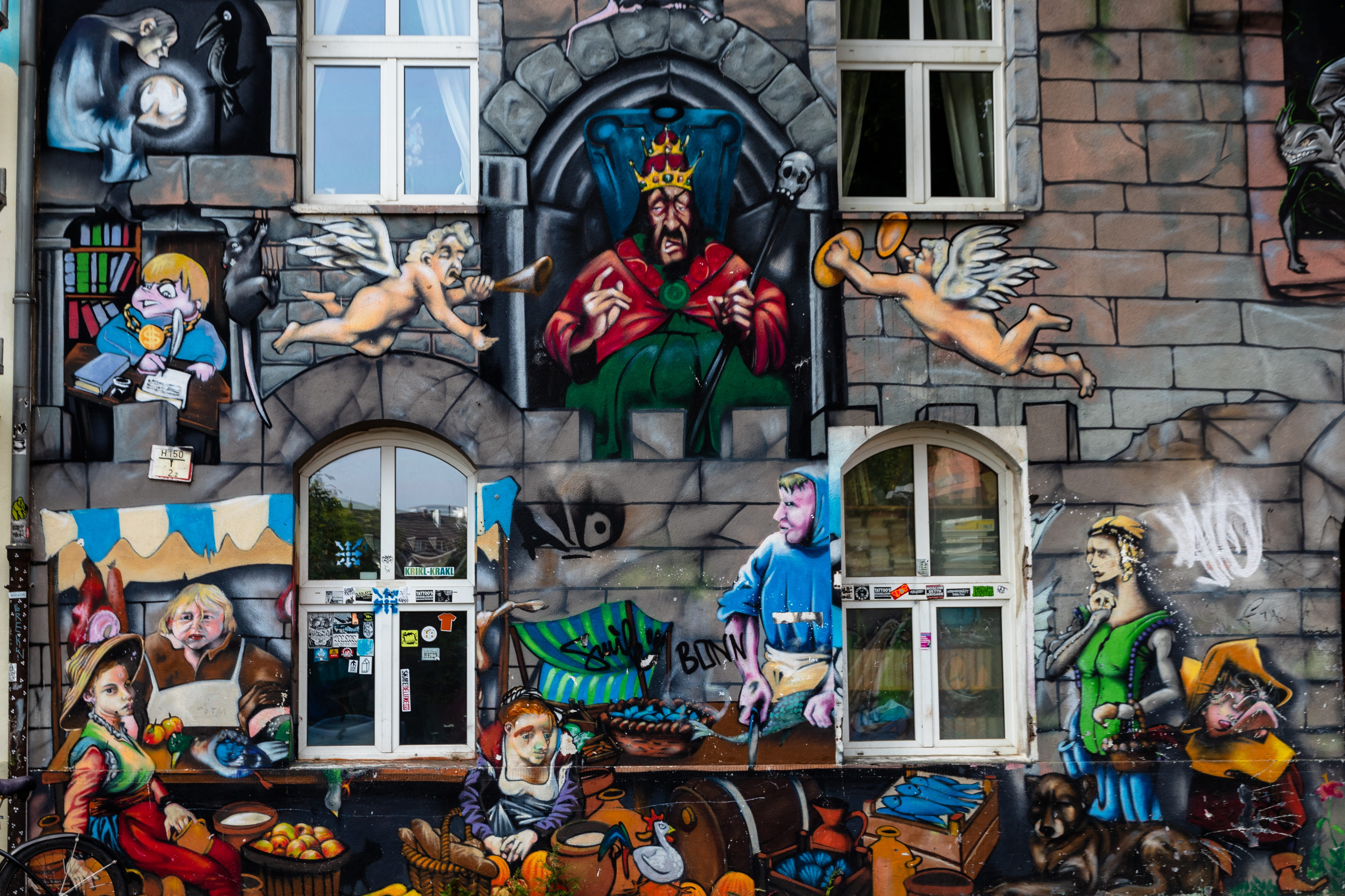 facade, religion, sprayer, human representation, window, wall, creativity, building, sculpture, building exterior, multi colored, city, hauswand, spray, HD Wallpaper