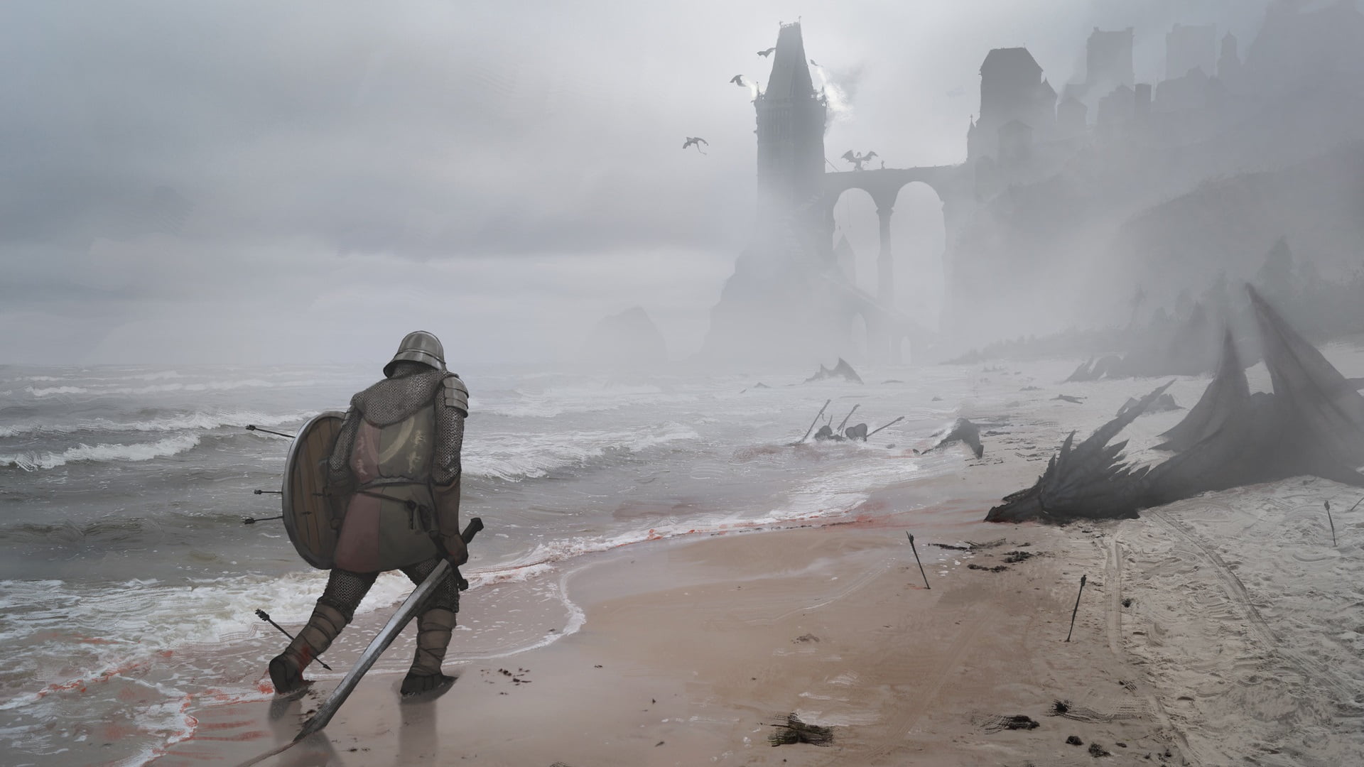 dragon, soldier, shield, A Song of Ice and Fire, warm clothing, sword, rear view, water, power in nature, real people, land, men, beauty in nature, arrows, HD Wallpaper