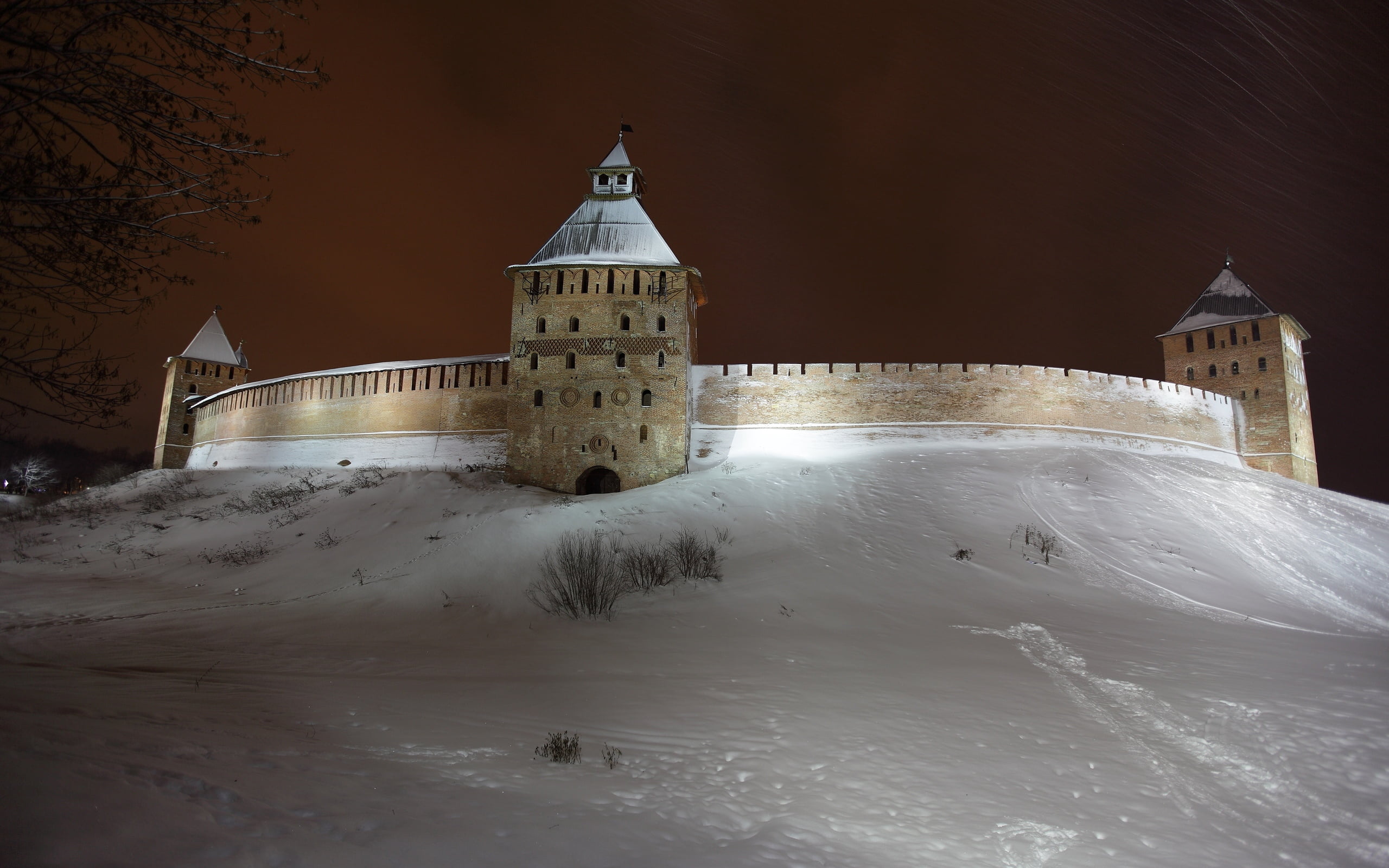 europe, illuminated, architecture, outdoors, castle, ancient, travel destinations, the past, white, place of worship, frozen, concrete, 2K, stone, built Structure, HD Wallpaper