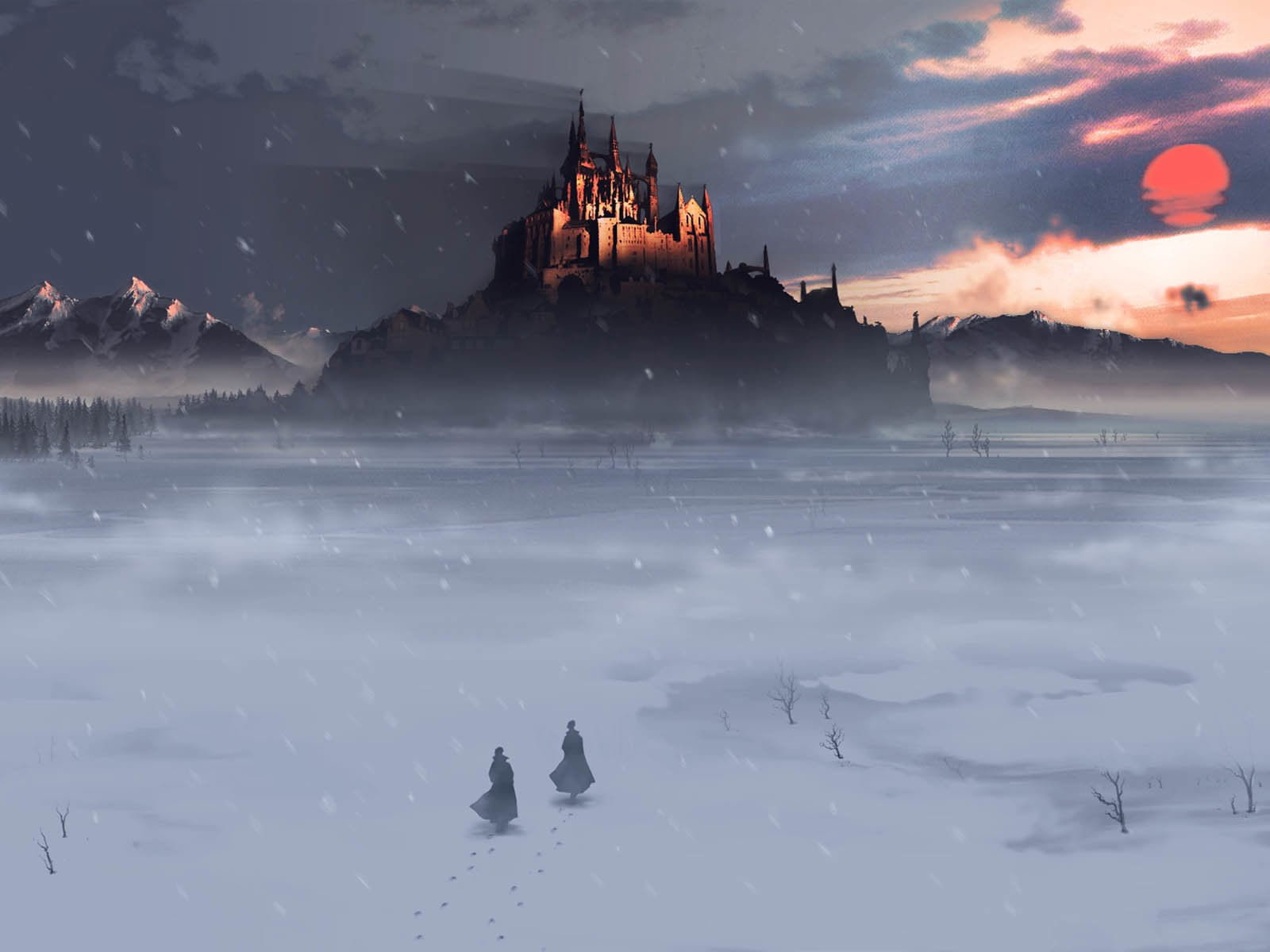 dusk, blue, mountain, Castles, night, scenics - nature, religion, church, cold - Temperature, cold temperature, Snow, outdoors, twilight, tree, scenics, HD Wallpaper