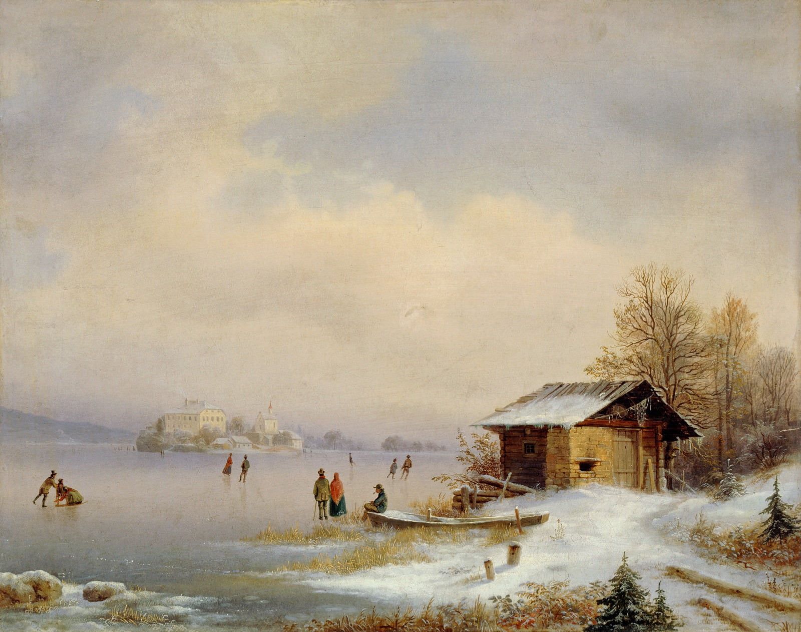 people, painting, clouds, countryside, skating, oil on canvas, water, castle, near, ice, landscape, house, no people, marko pernhart, nature, architecture, HD Wallpaper