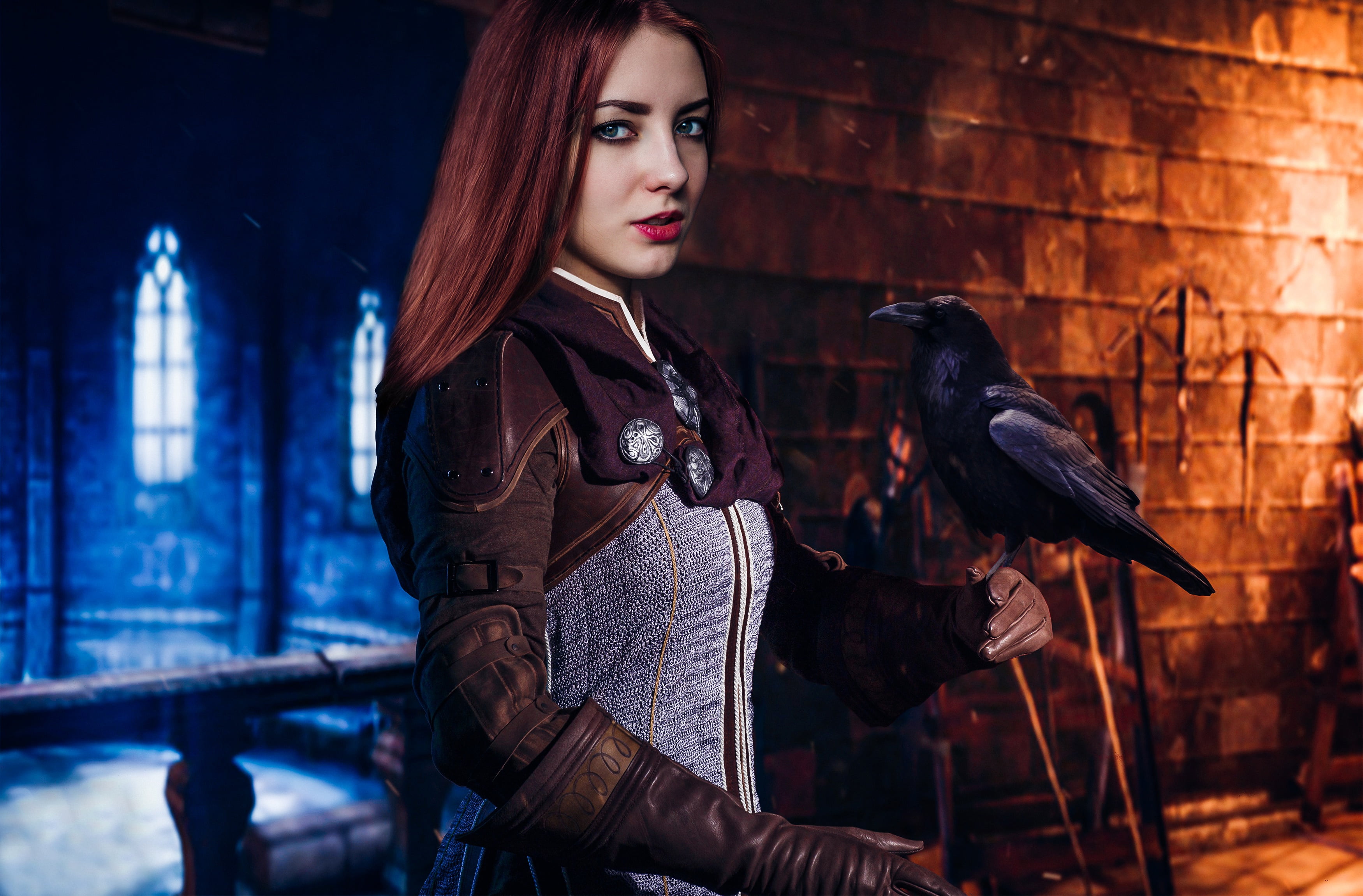 fantasy, castle, suit, mood, female, sight, model, pretty, cold, bird, 2K, fire, portrait, trees, ice, look, young, epic, posing, dream, wind, girl, cute, HD Wallpaper