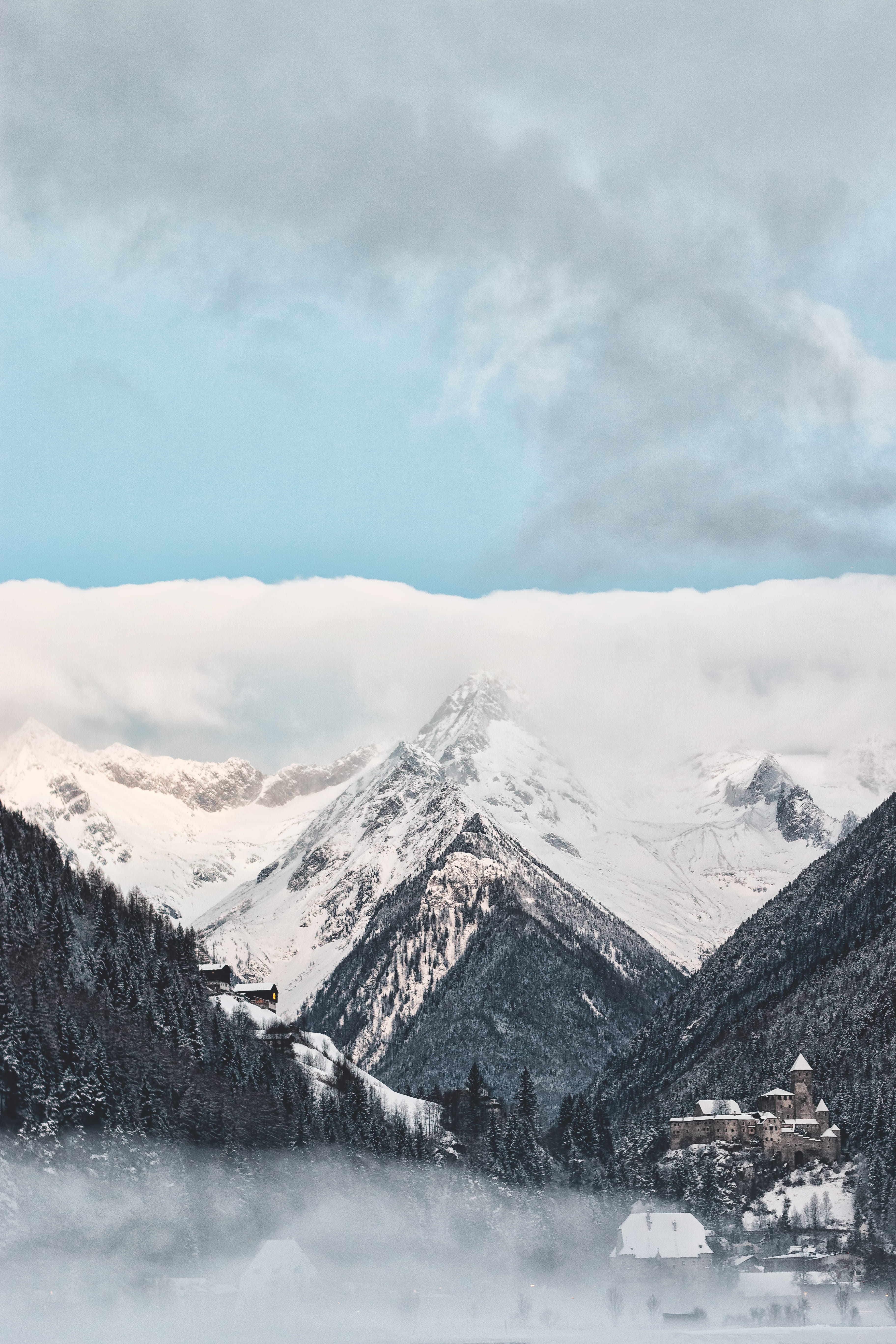 clouds, 5K, scenic, tranquility, snowy, daytime, castle, foggy, no people, rocks, sky, mountains, cold, beauty in nature, environment, winter, scenics - nature, Phone HD Wallpaper